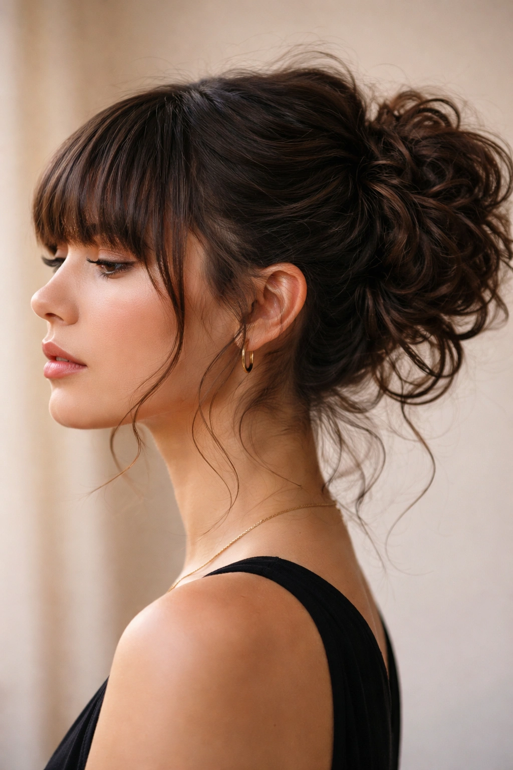 Undone wrap-around bun with blunt bangs on curly hair
