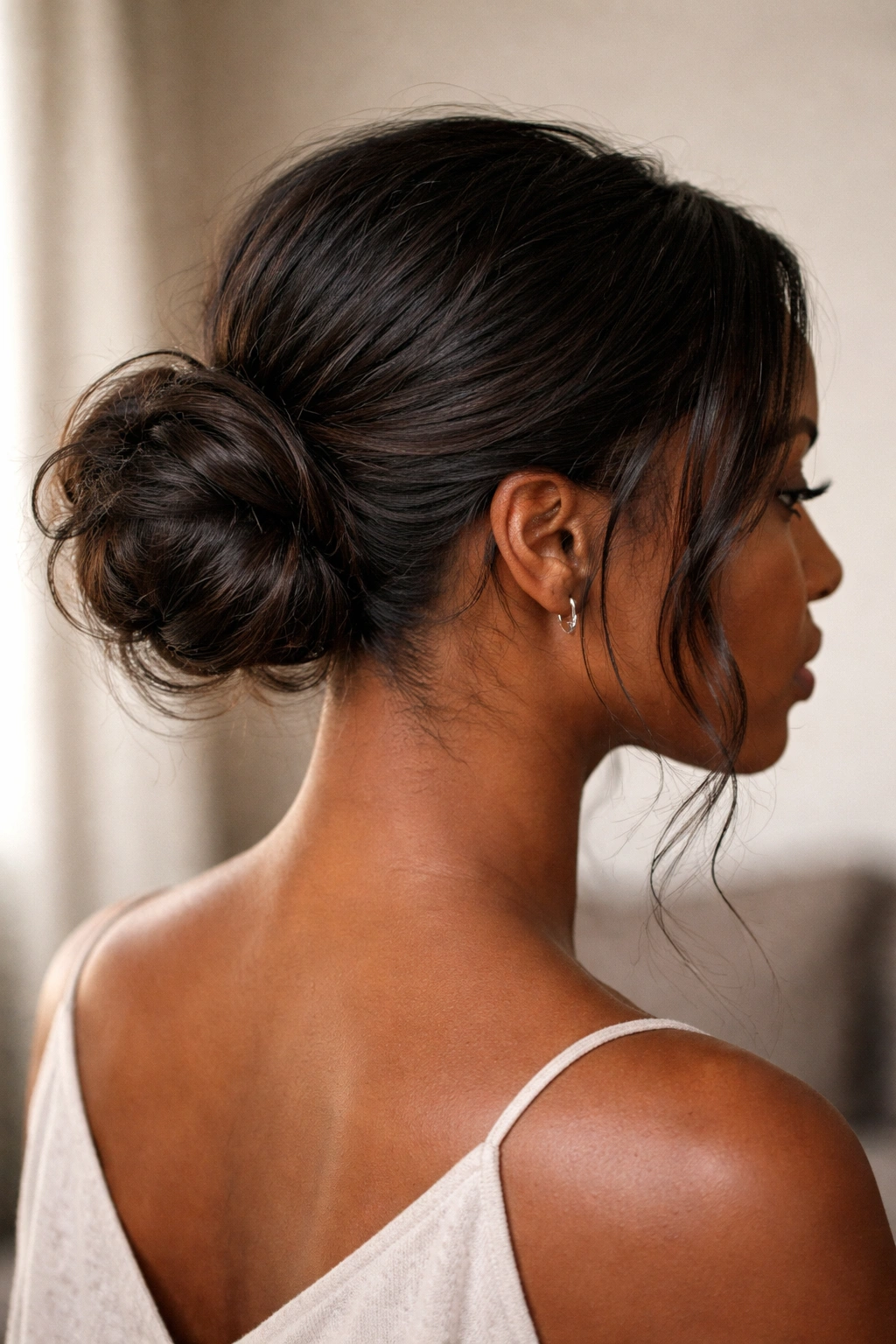 Low bun with wrapped base concealing elastic for a seamless, textured look