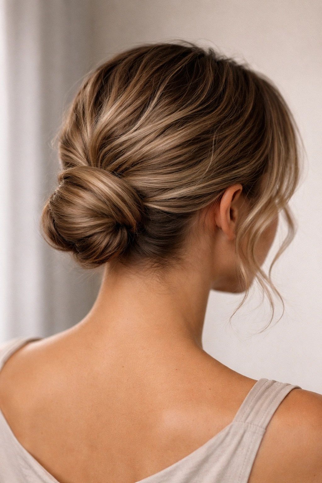 Sleek wrap bun with smooth top and textured waves