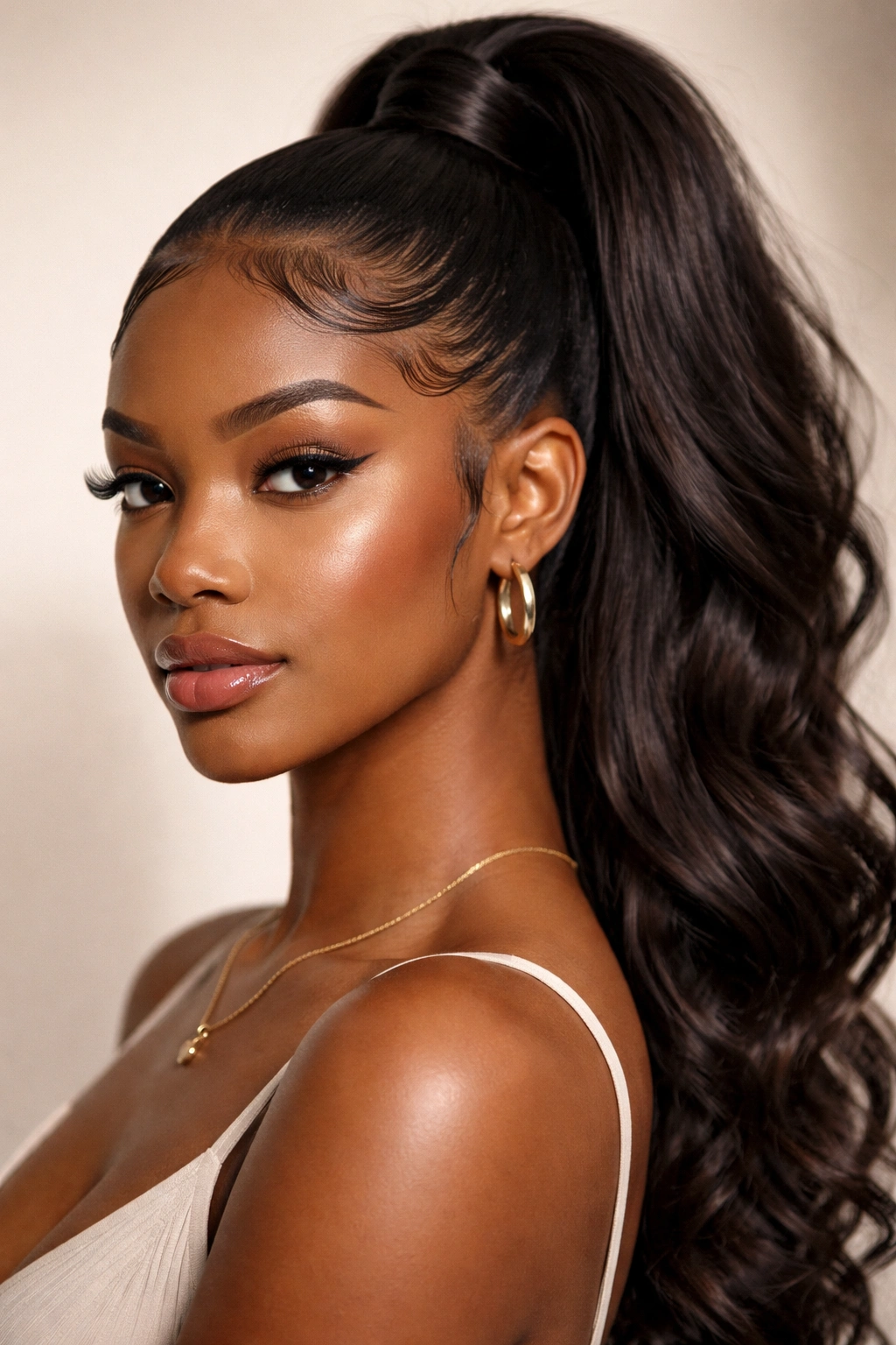 Black woman with wrap-around edges in high ponytail