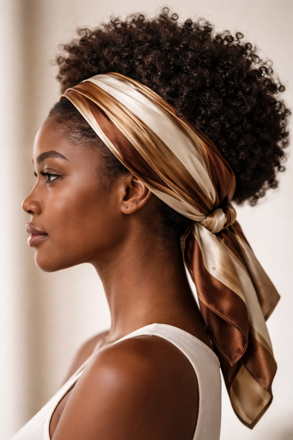 Profile view of head wrapped with silk scarf anchoring the hair