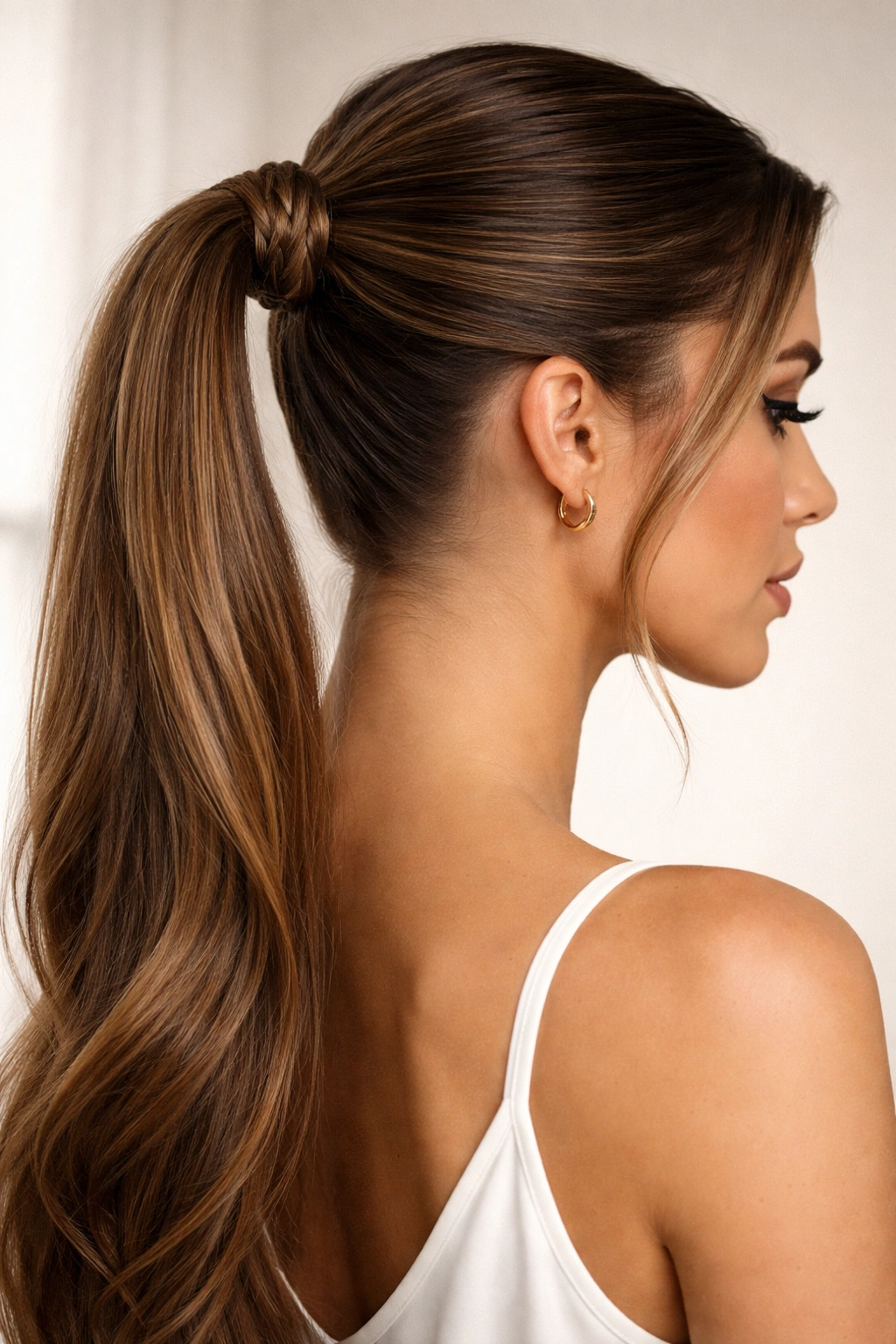 Ponytail with a thin braid wrapped around the base concealing the elastic.