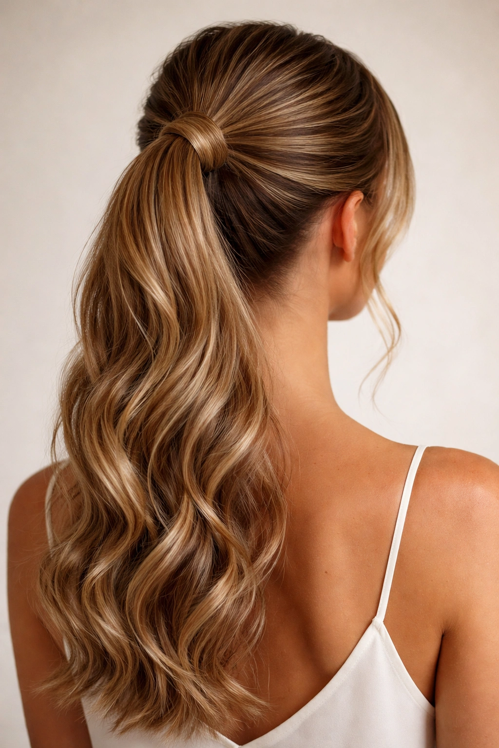 High ponytail with wrapped base and tucked end for a seamless finish