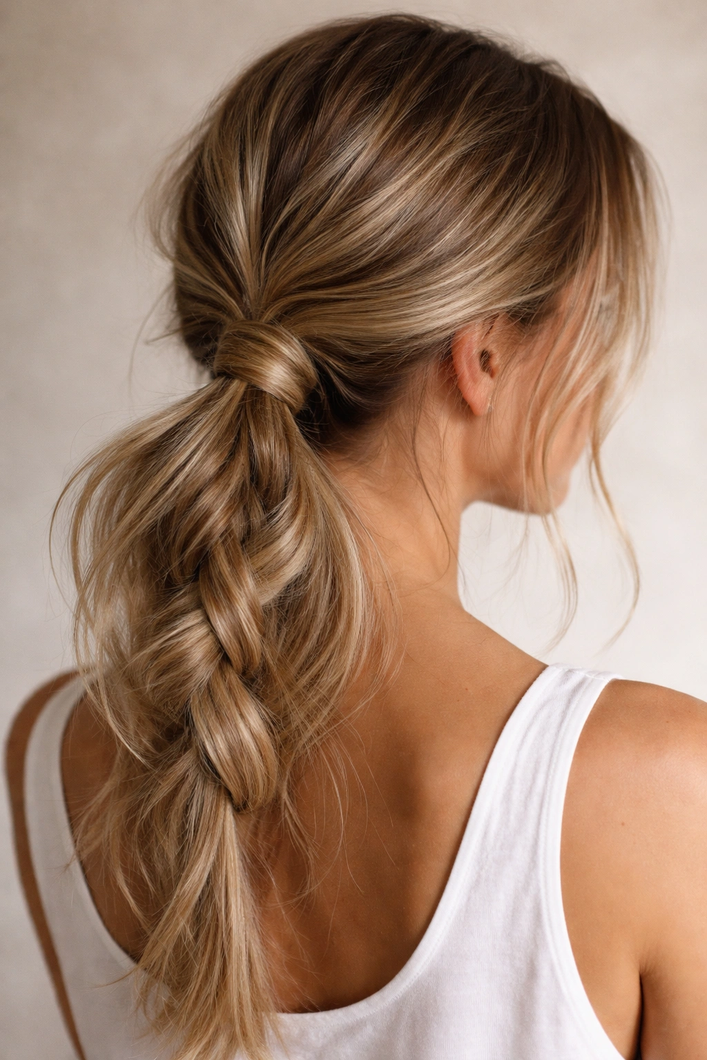 Low ponytail with wrapped base and loose braid texture