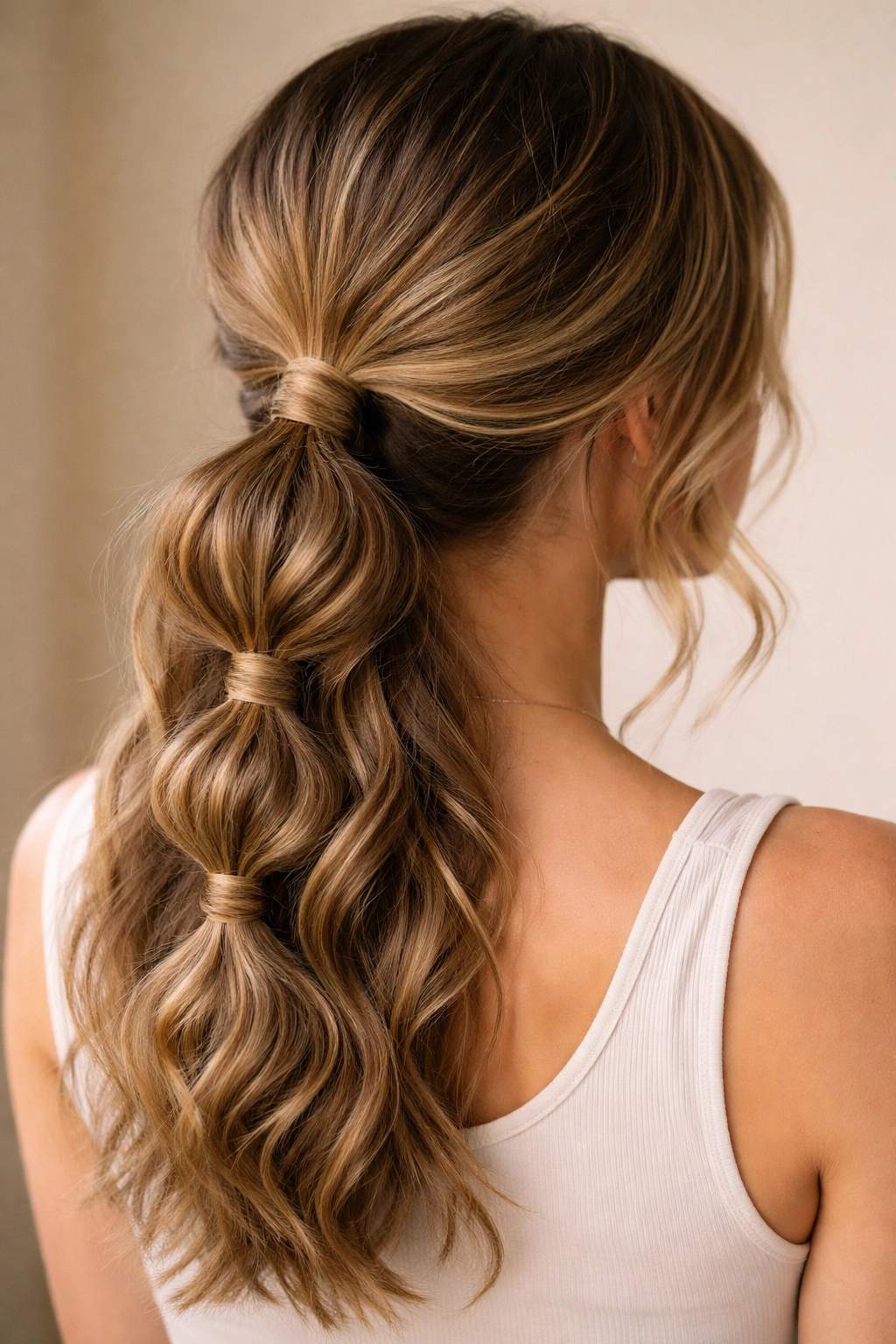 Wrapped bubble ponytail with twists and waves