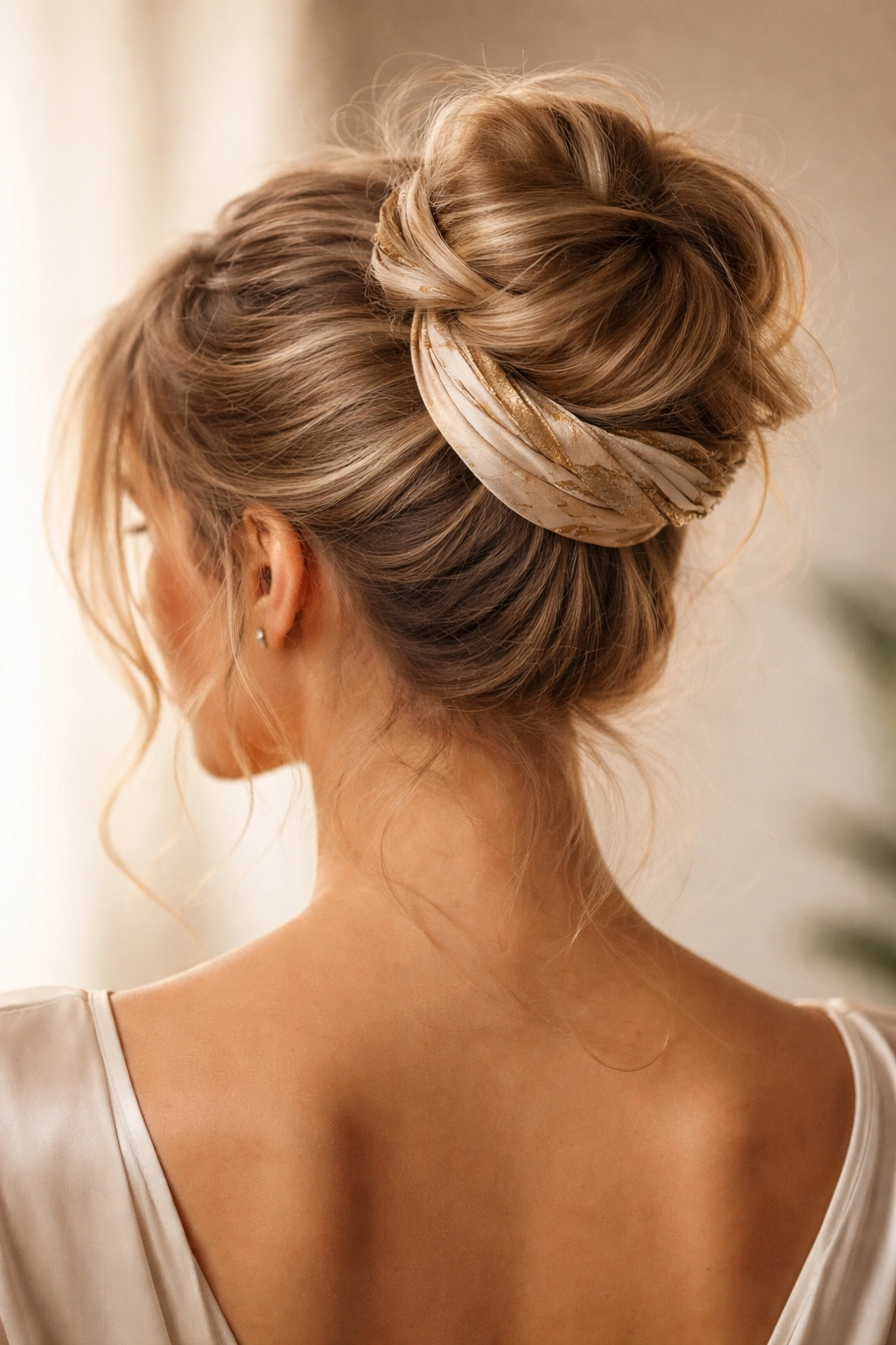 Messy bun with decorative wrap around its base.
