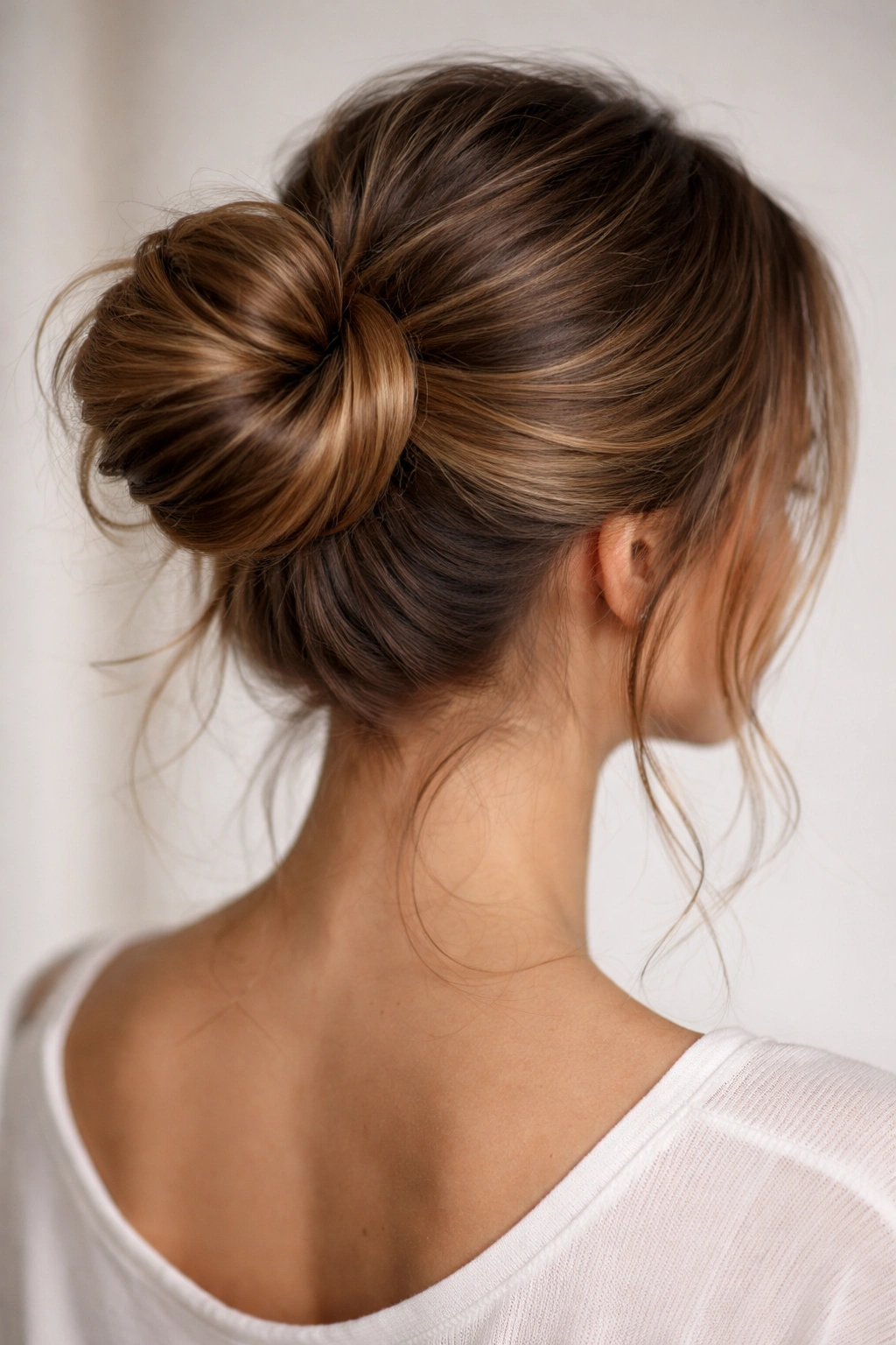 Ponytail wrapped at the base forming a defined ring around the bun