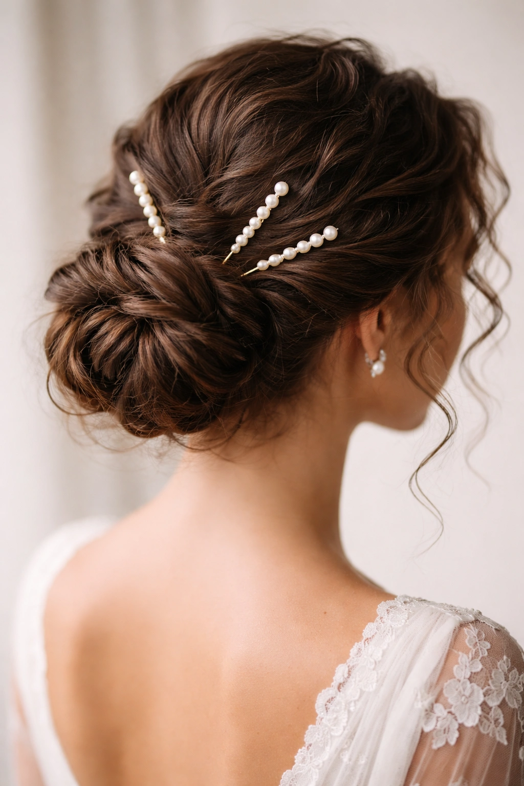 Side view of a wrapped bun with pearl hair sticks