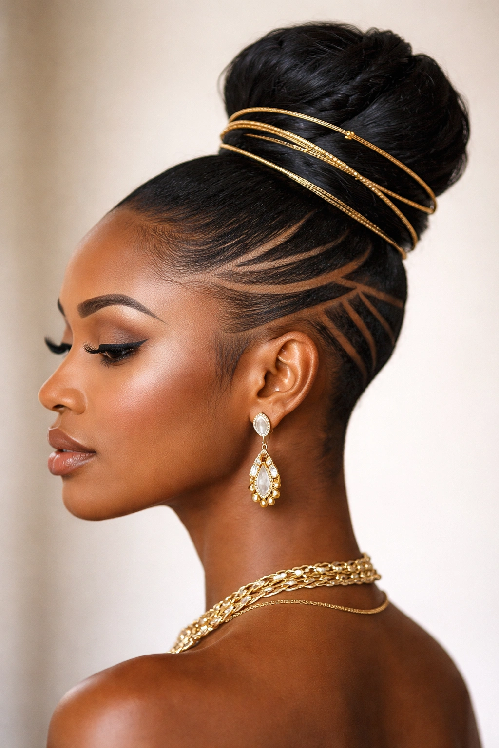 Close-up of a sleek wrapped bun with shaved geometric designs and a decorative wrap