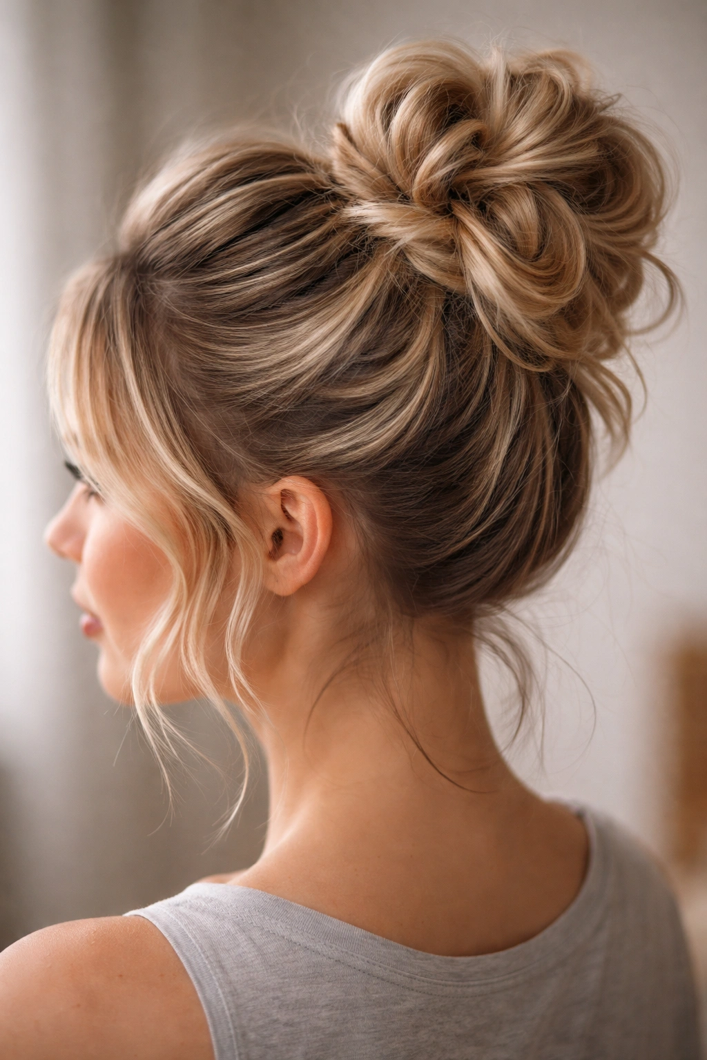 Close-up of a high-volume wrapped curl bun with layered curls in soft studio lighting