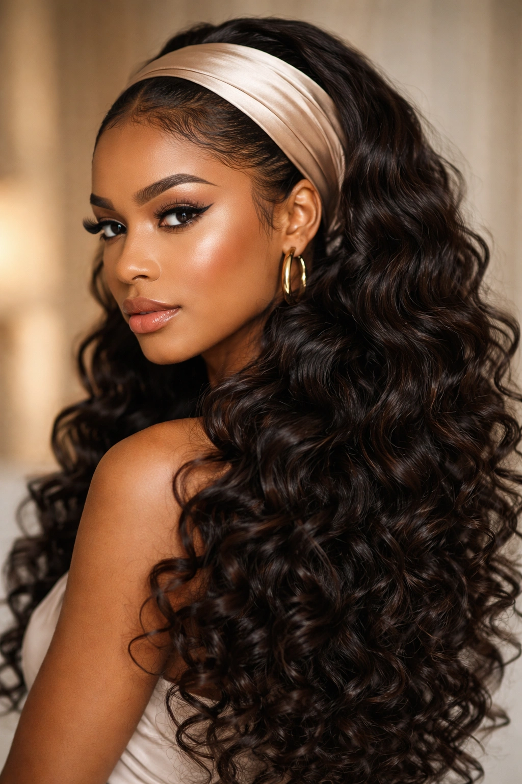 Long curly hair with edges and silk wrap, showcasing a polished wrapped look