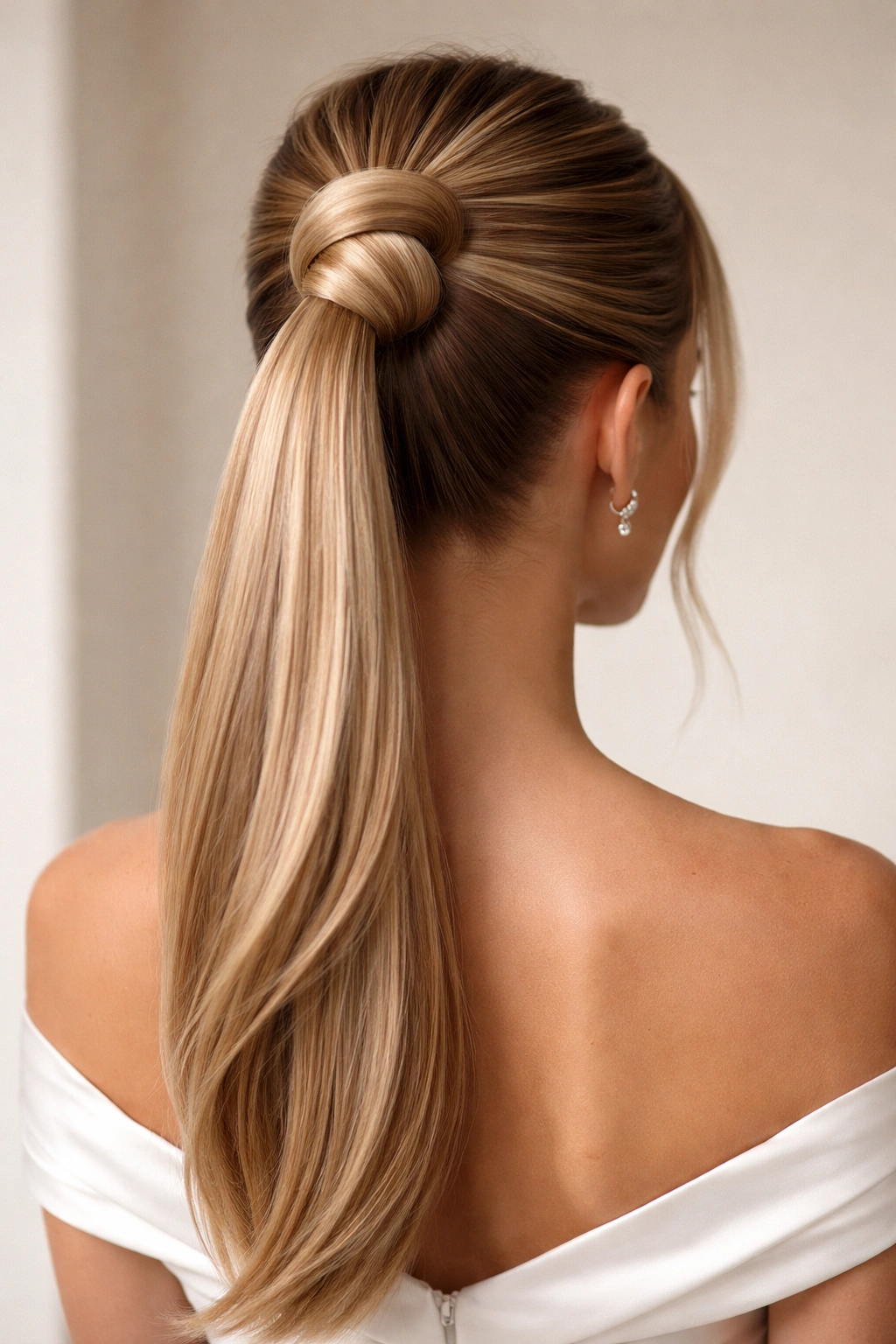 Close-up of a wrapped high knot ponytail showing a neat knot at the crown