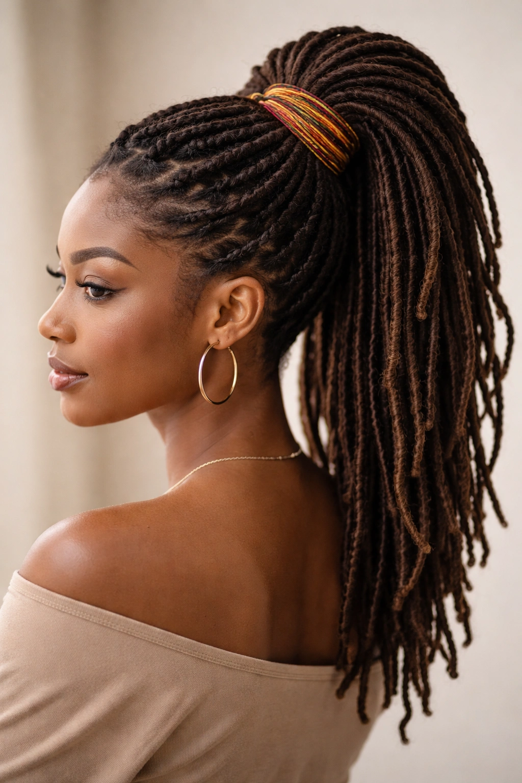 Locs gathered at the base with colorful spiral wrap