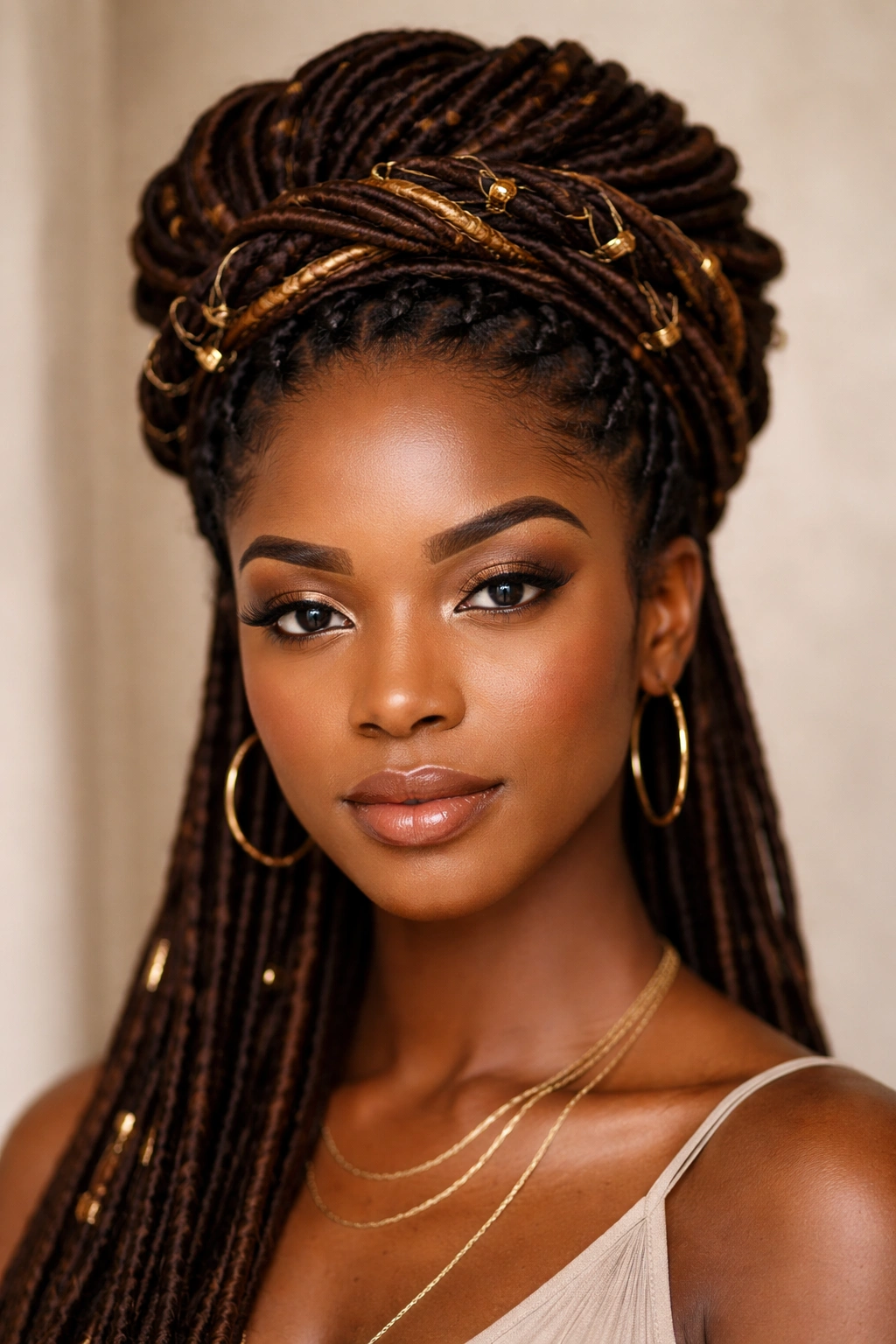 Front view of Crown of Wrapped Locs forming a crown around the head.