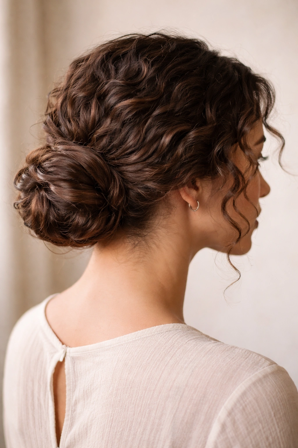 Low bun at nape with wrapped base and visible curls