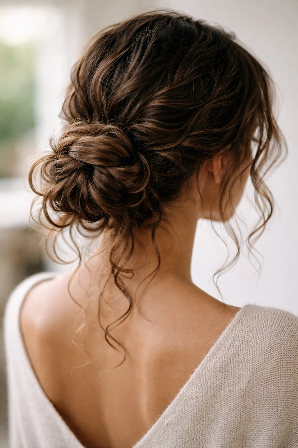Low bun at the nape with wrapped strands and visible curls