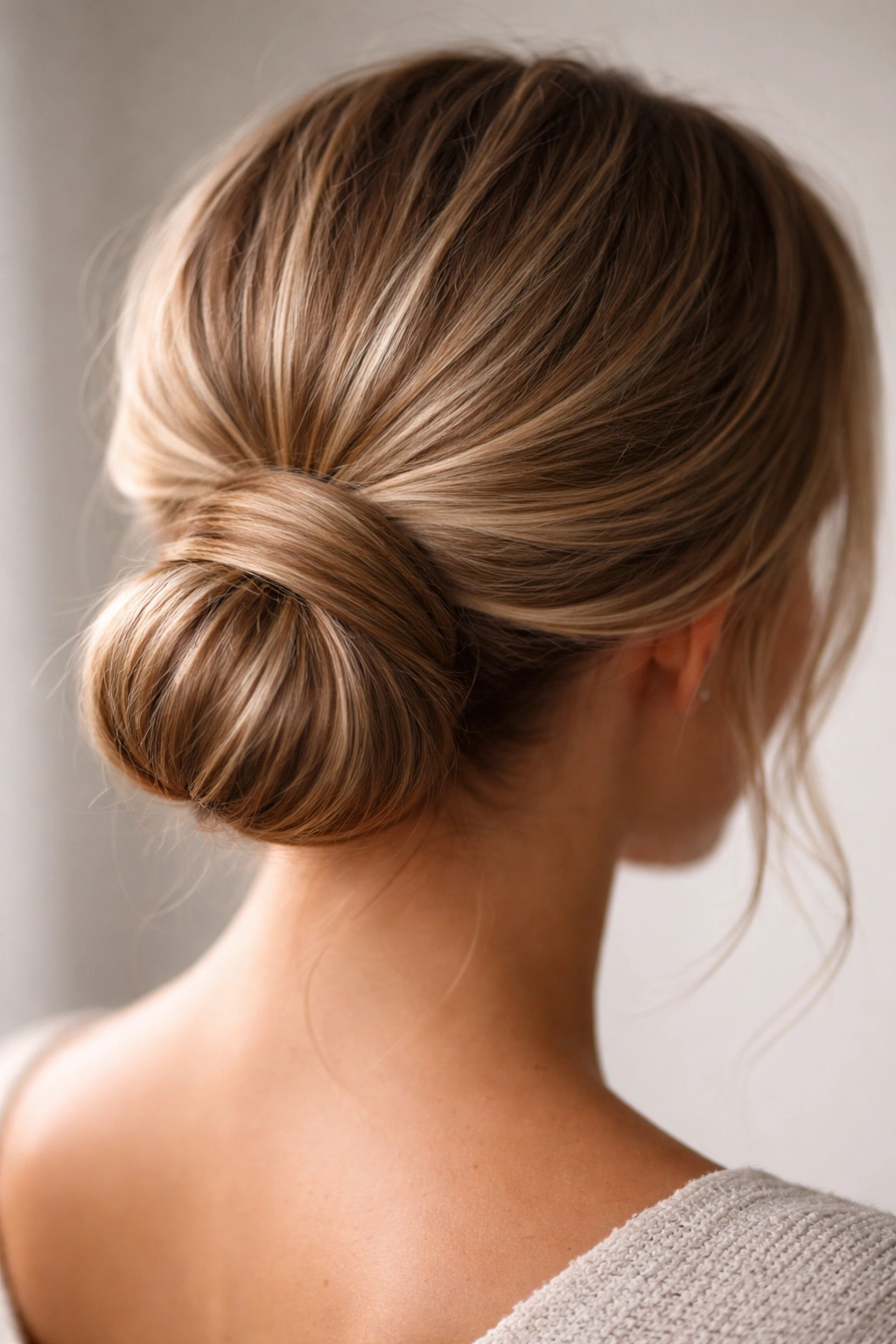 Close-up of a wrapped low bun concealing the elastic with a neat, finished wrap.