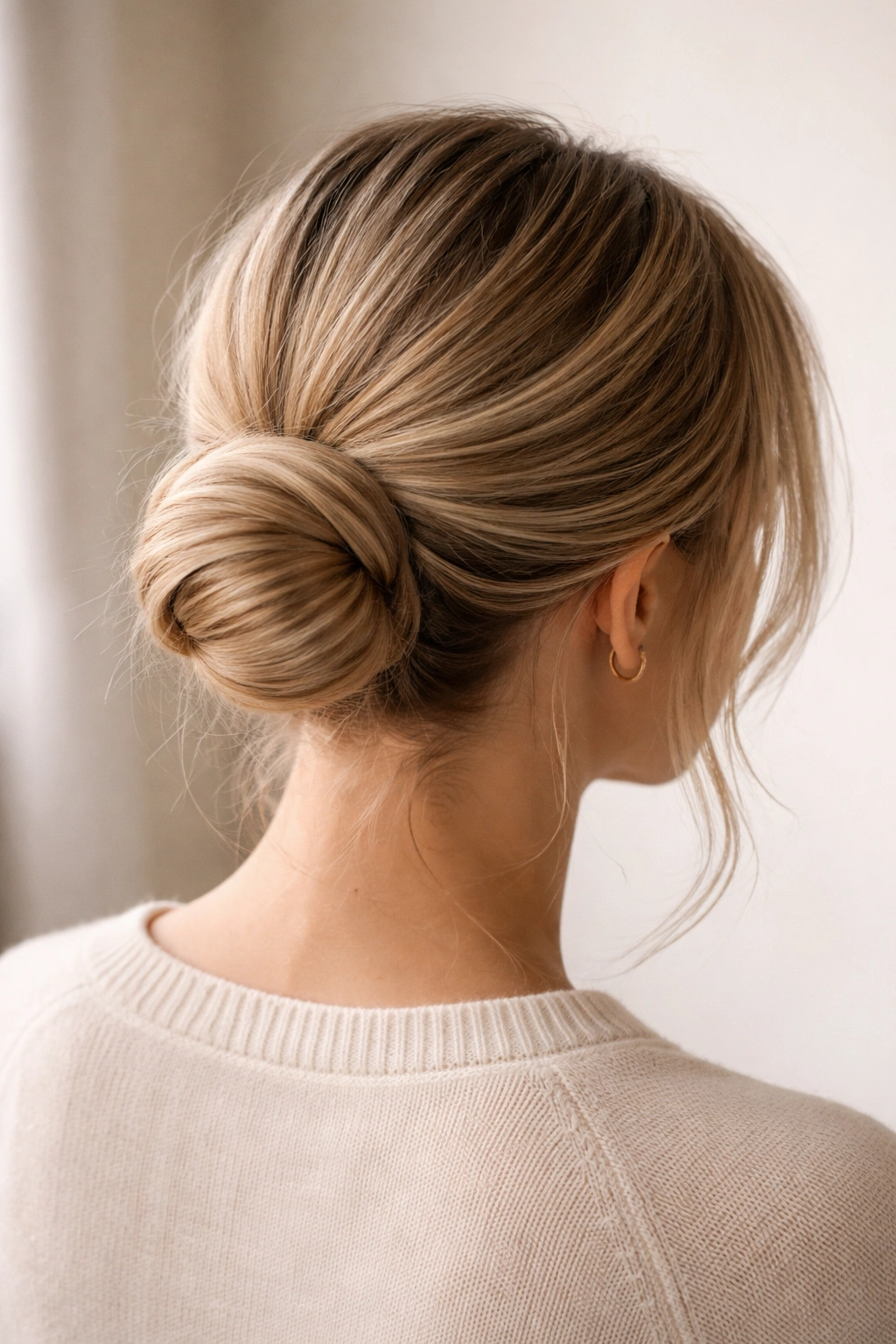 Back view of a low bun with horizontal wraps creating a flat silhouette