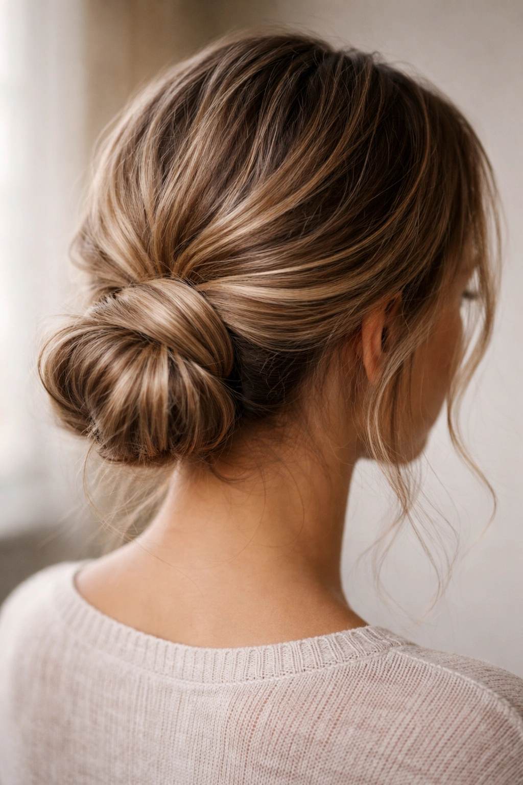 Low bun with a wrapped hair strand around the base