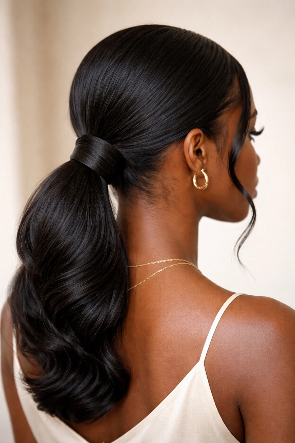 Low ponytail with wrapped base and pin securing the wrap.