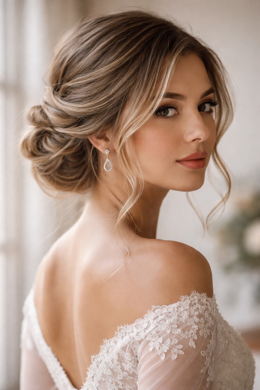 Wrapped low updo with loose strands and a decorative pin on bridal model