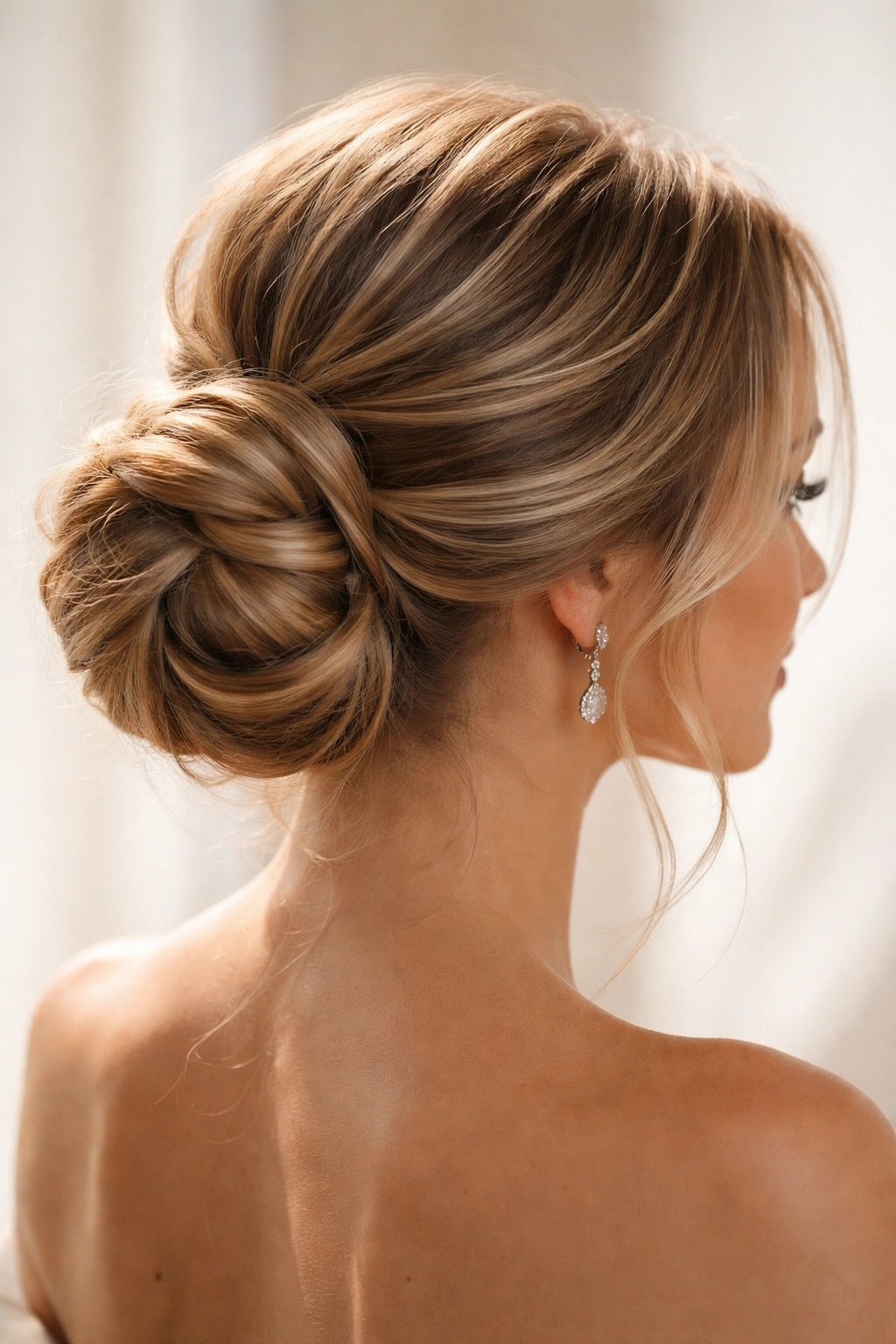 Wrapped piece low bun showing dimensional wrap details