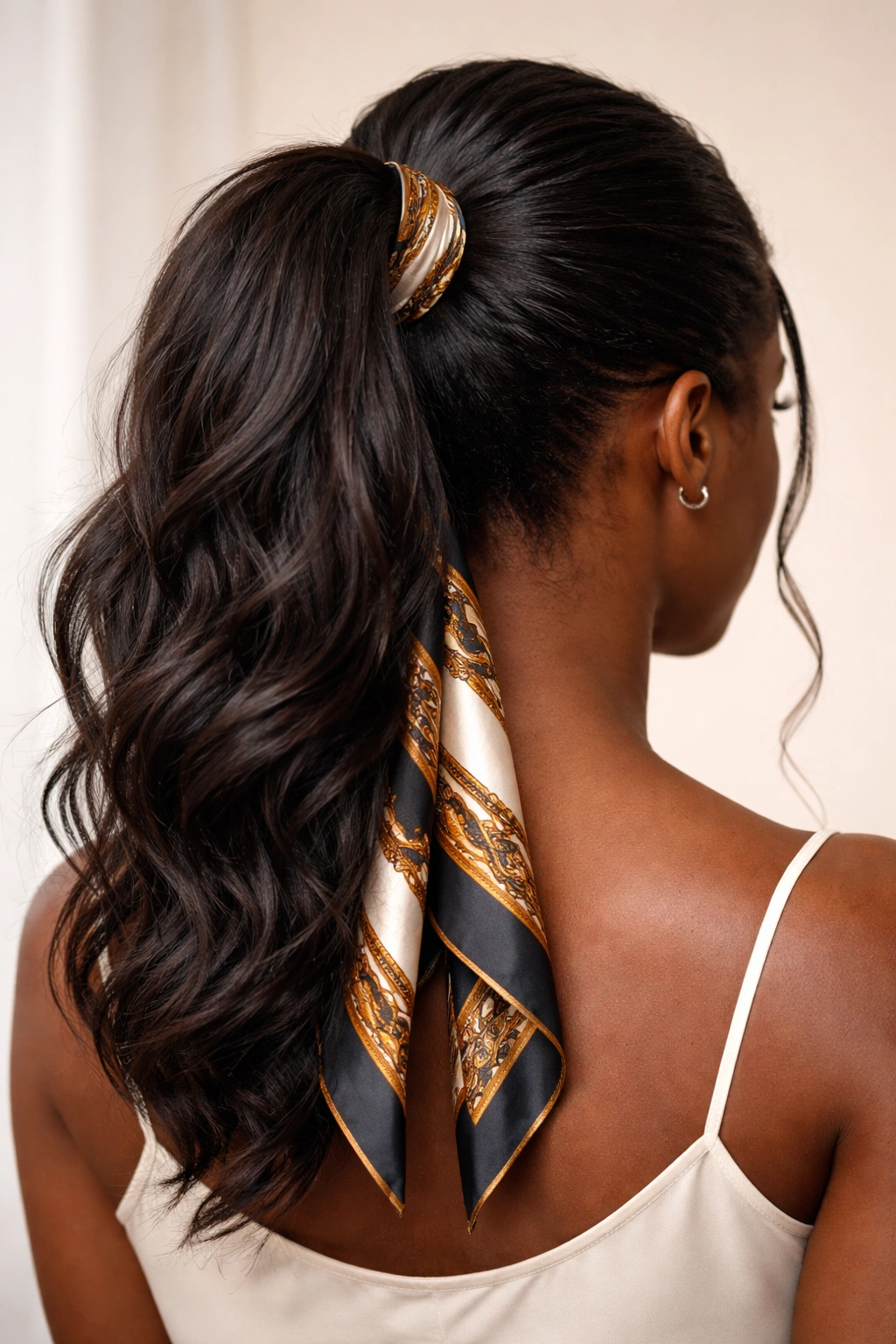 Wrapped mid-height ponytail with decorative base wrap