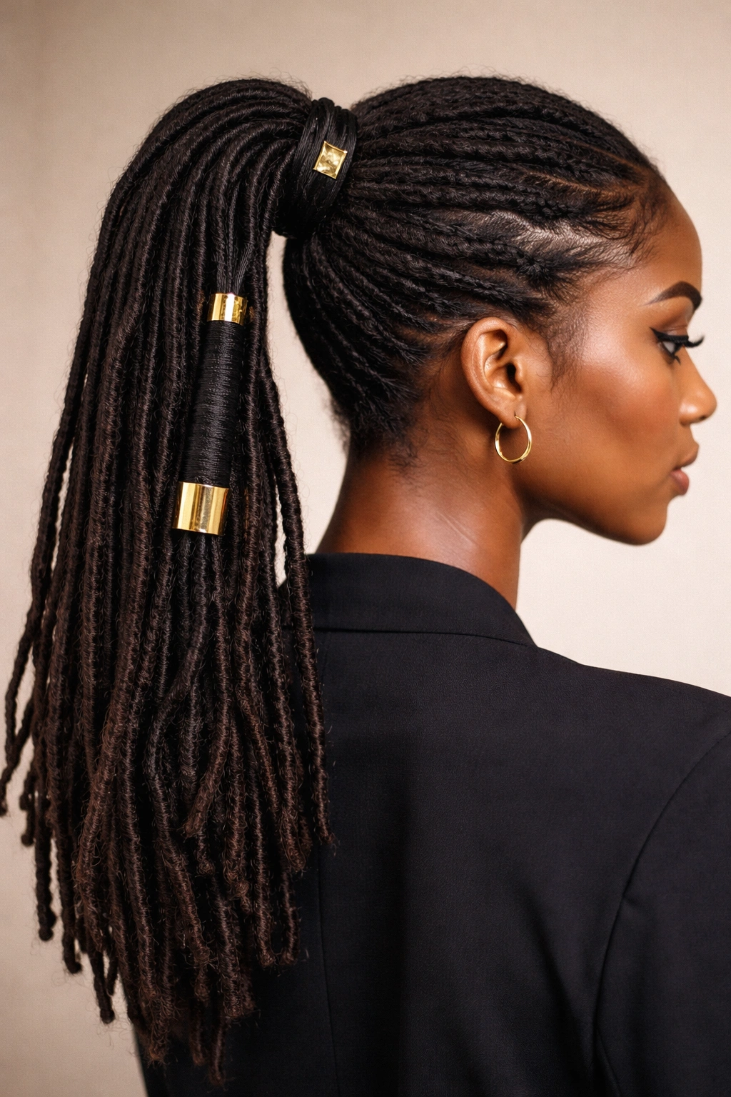 Ponytail with a wrapped base and gold cuffs around the wrap
