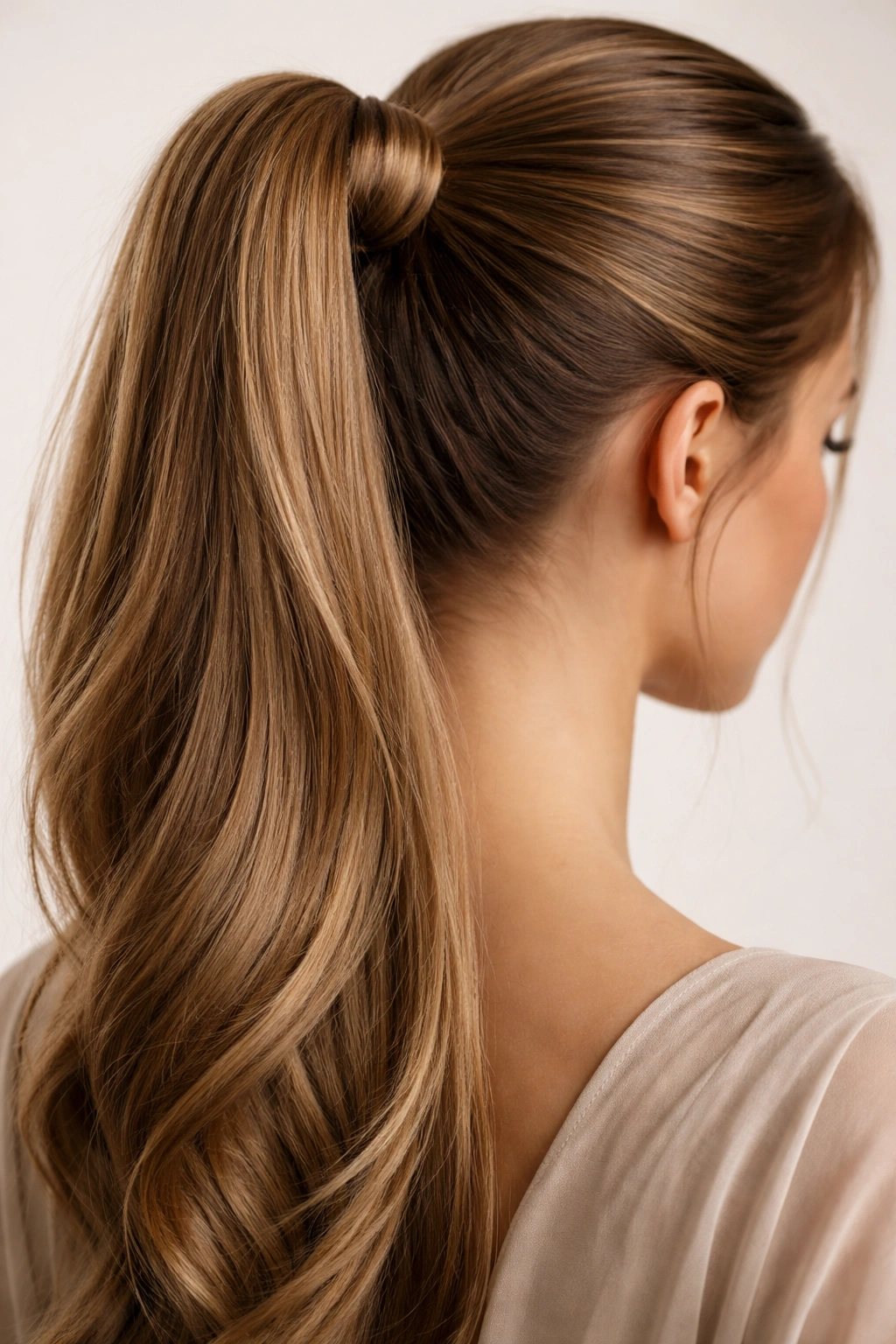 Close-up of a high ponytail with a wrapped elastic hair wrap
