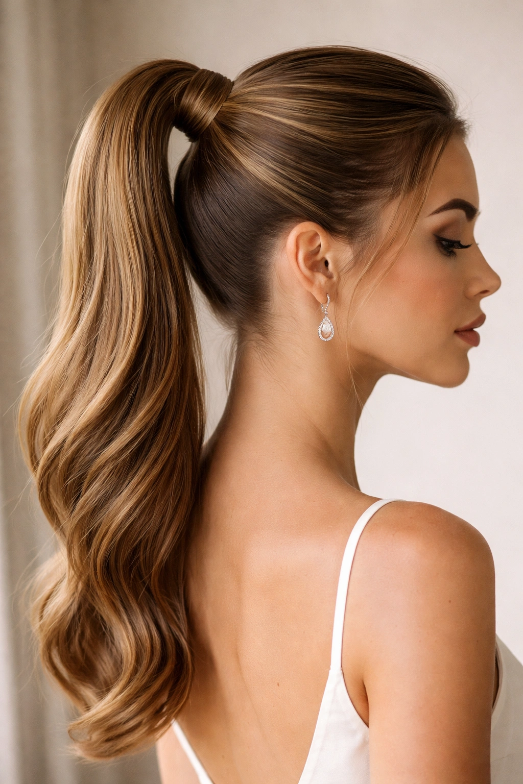 Side profile of a wrapped high ponytail with hidden elastic on bridal hair