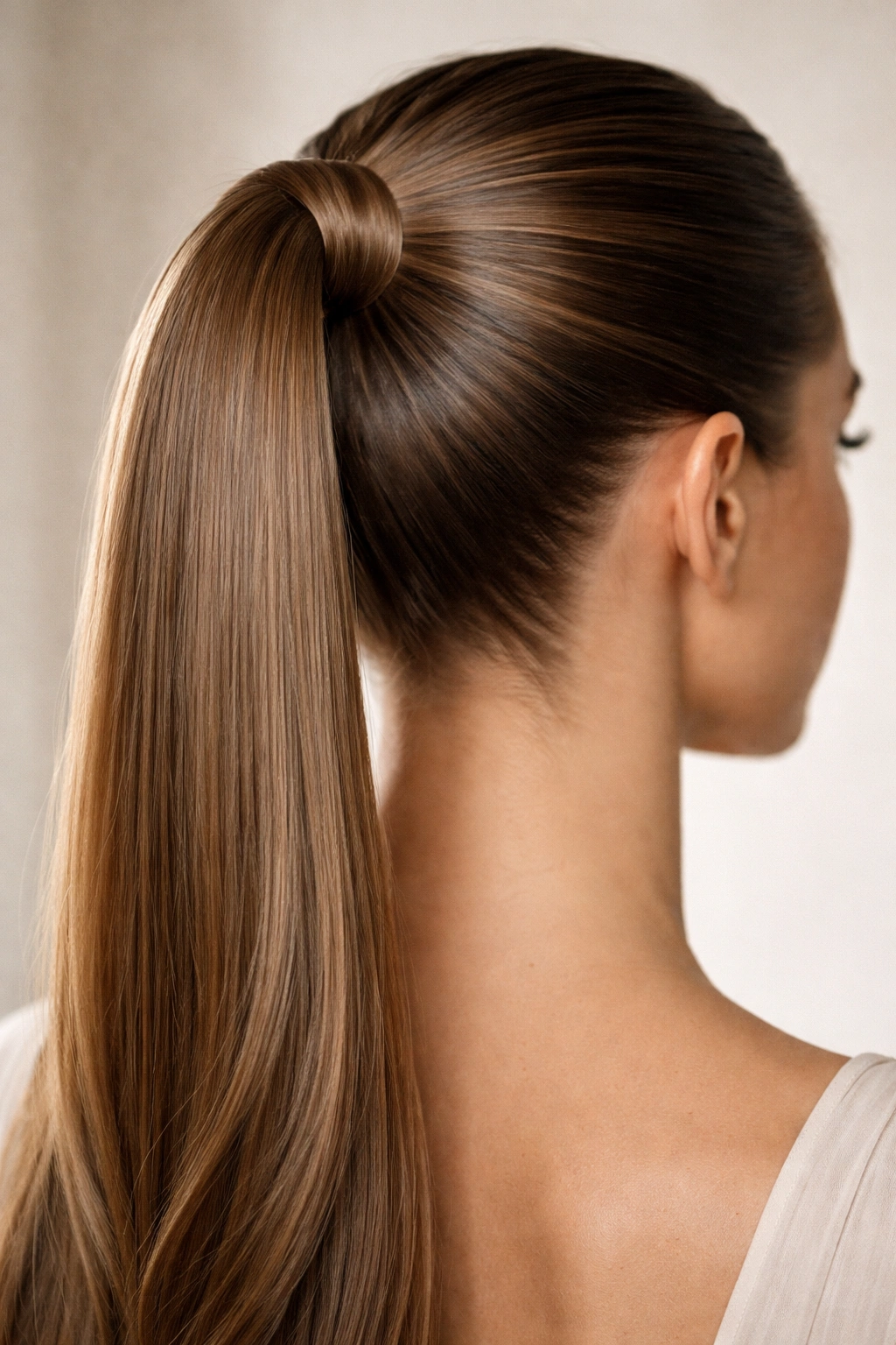 Close-up of a sleek high ponytail with an invisible wrap around the base
