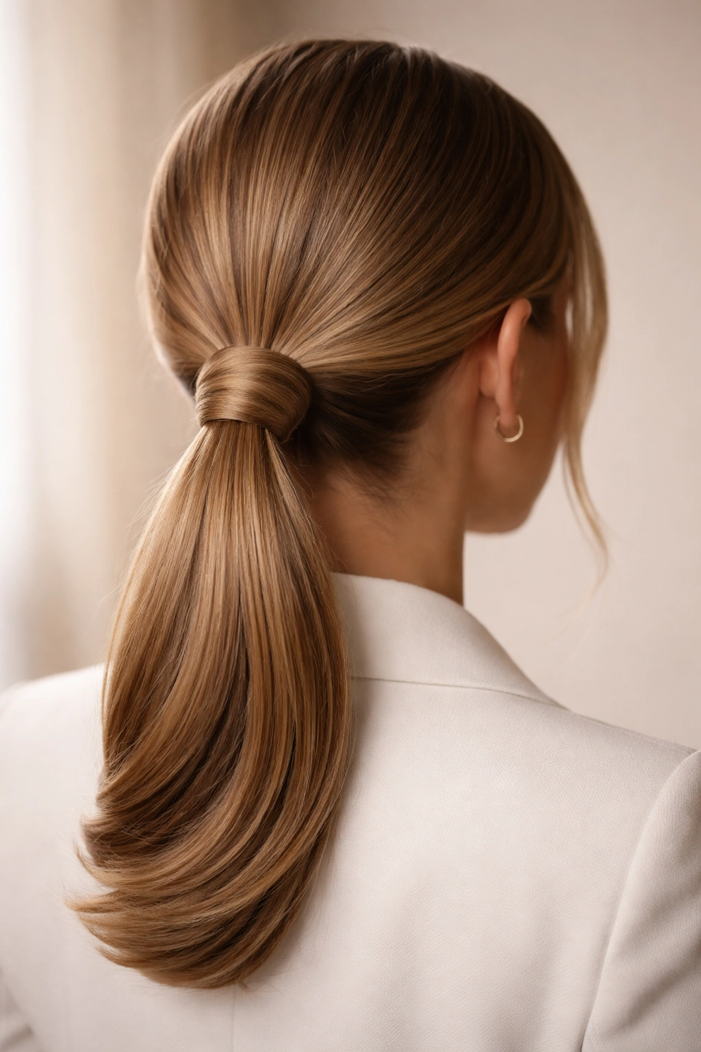 Low ponytail with ends wrapped around base to form a loop.