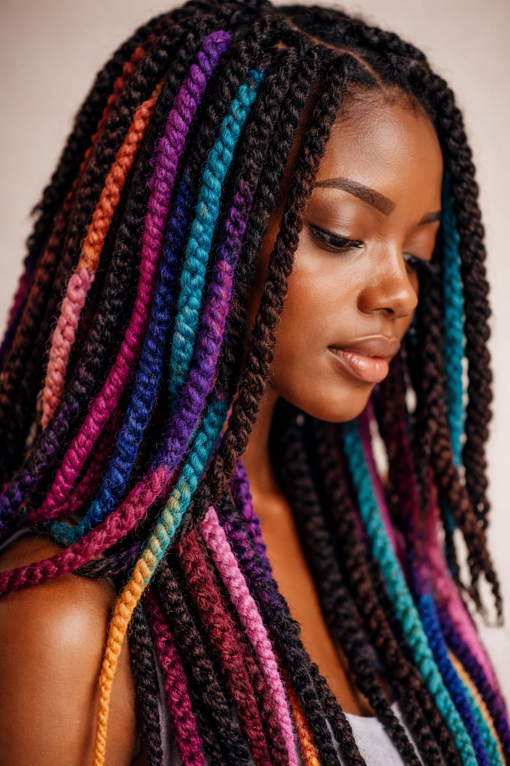 Close-up yarn twists with colorful yarn woven into natural hair