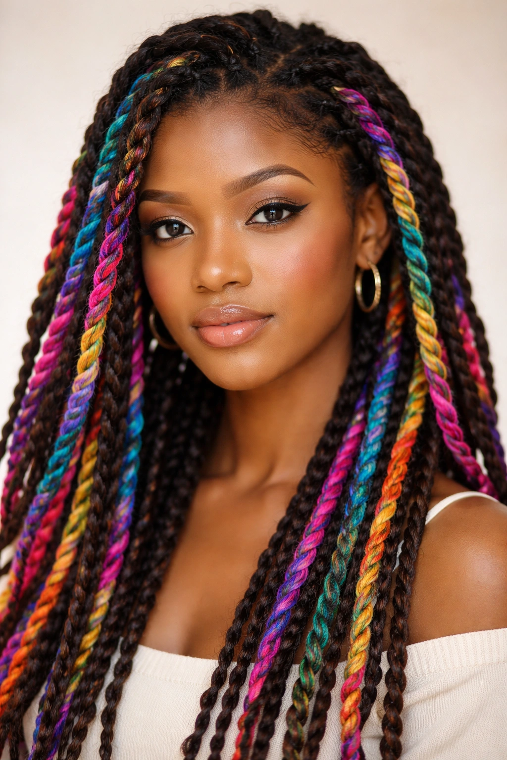 Close-up of yarn-wrapped twists in bold colors on natural hair