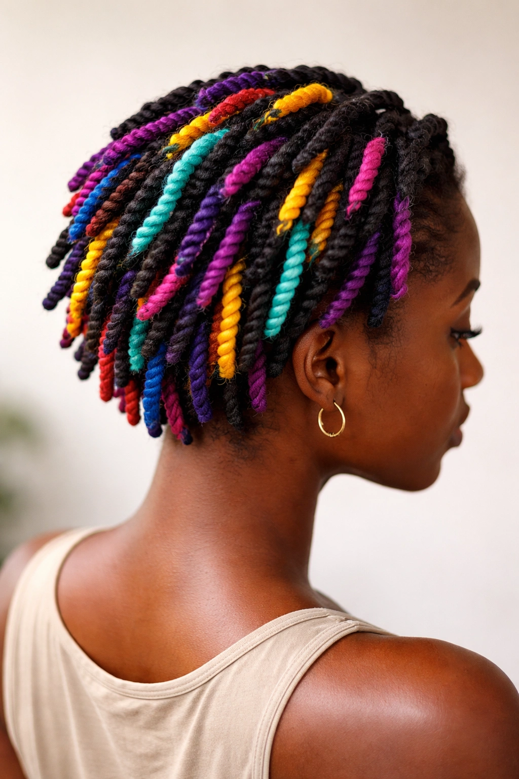 Close-up of short afro with colorful yarn twists showing bold color blocks