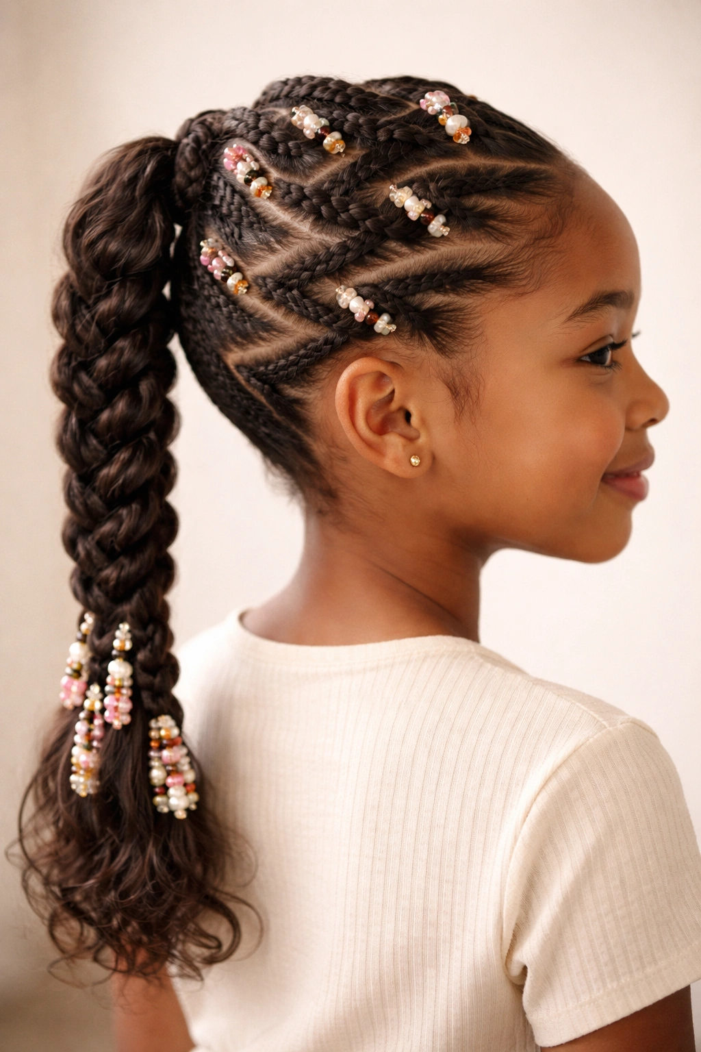 Zig-zag braided ponytail with beads in angular pockets