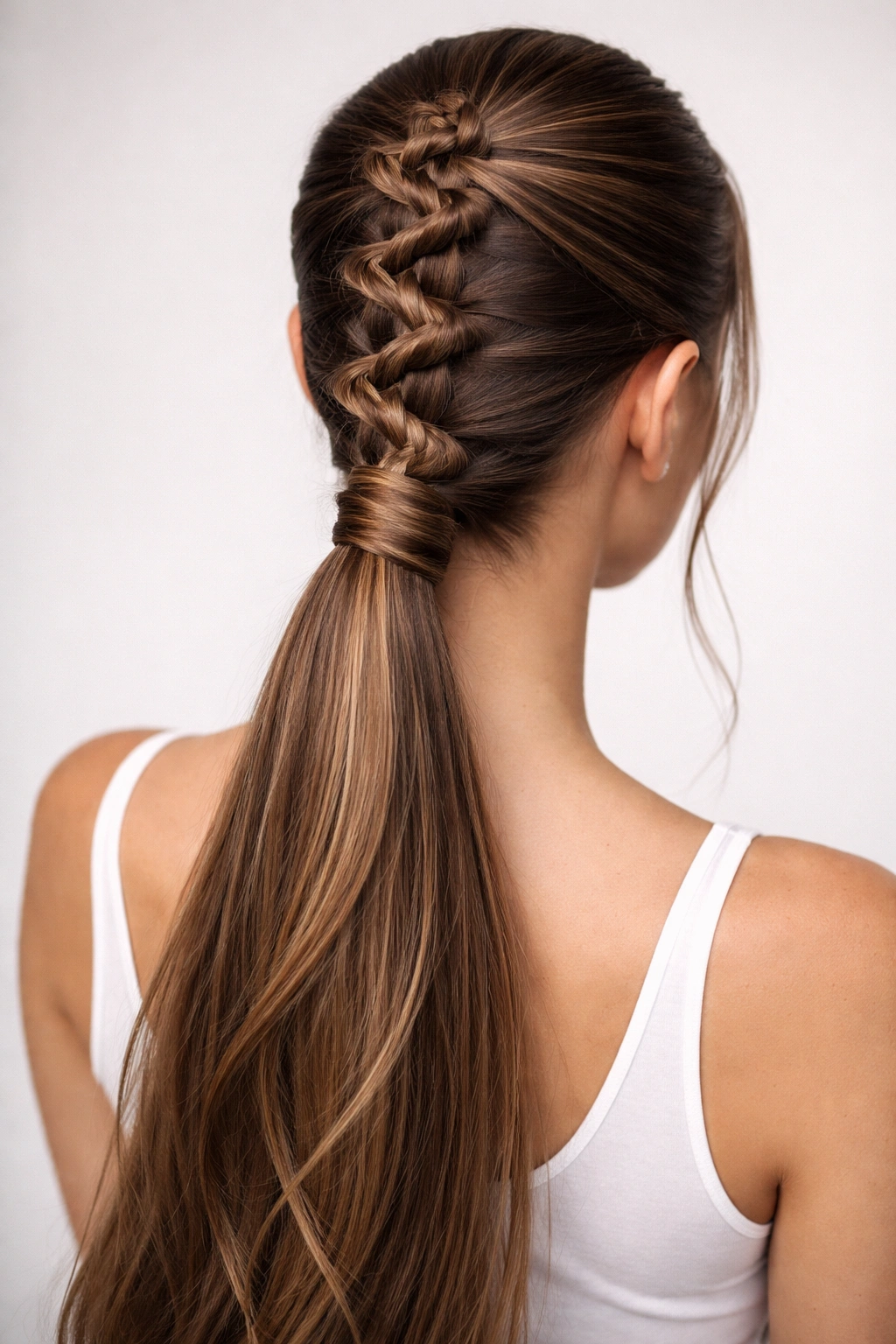 Close-up of a zig-zag braid ponytail showing a serpentine path down the head