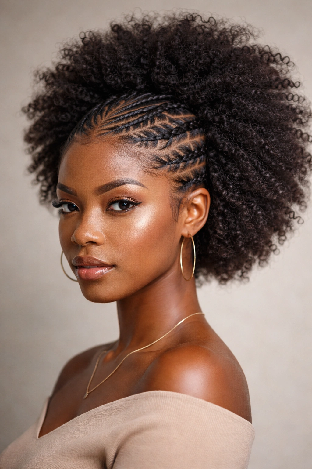 Zigzag braids transitioning into a textured afro