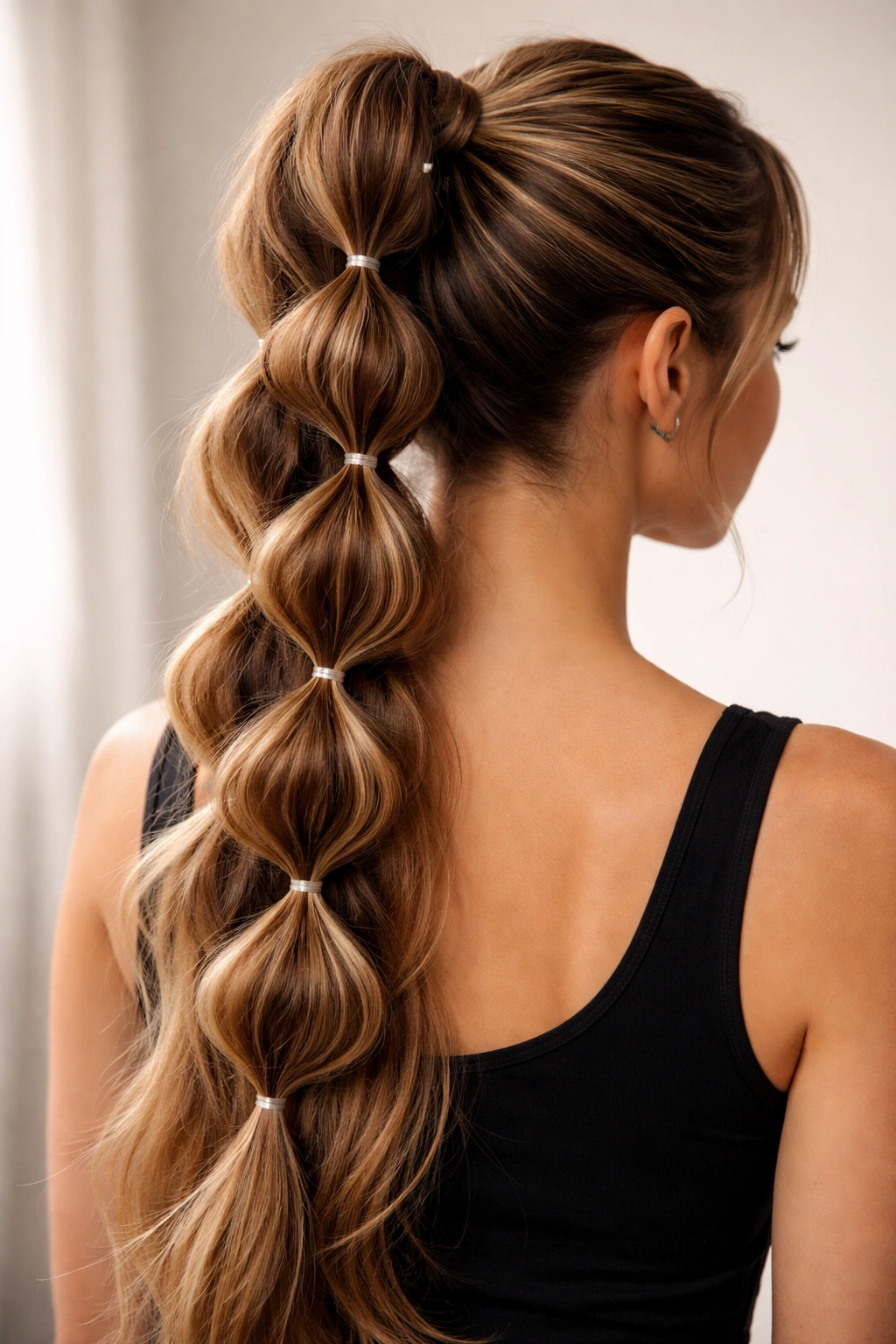 Back view of zigzag bubble braid ponytail showing alternating bubble segments