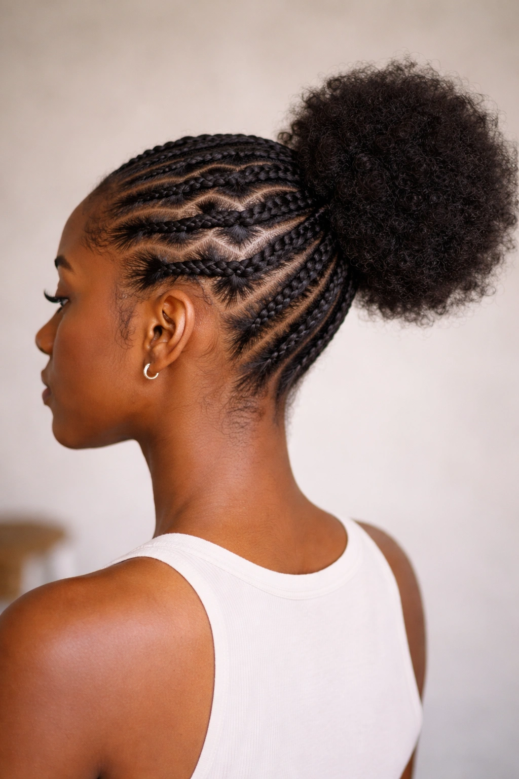 Zigzag cornrows pattern with a floating back afro puff
