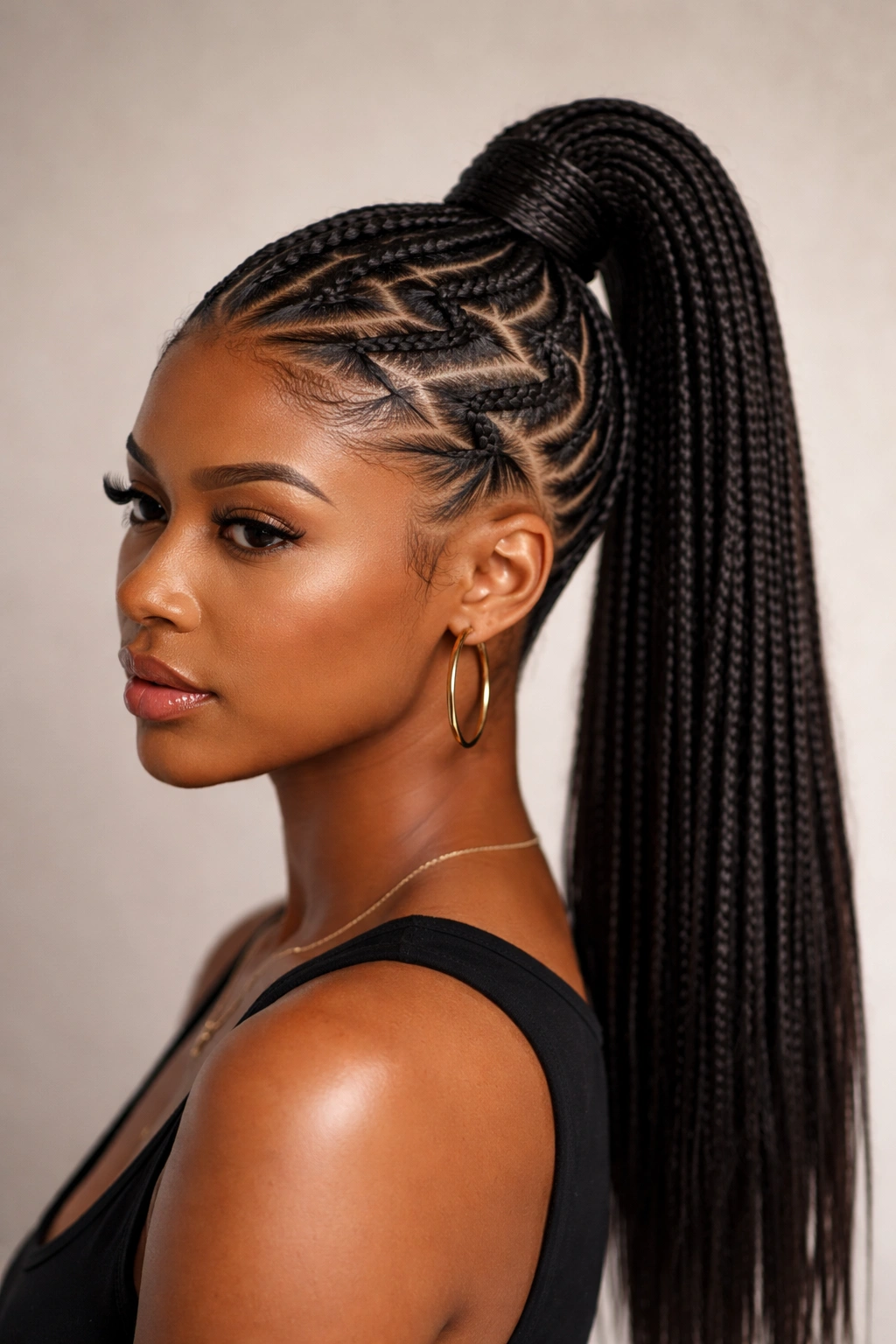 Zig-zag cornrows forming geometric lines into a high ponytail