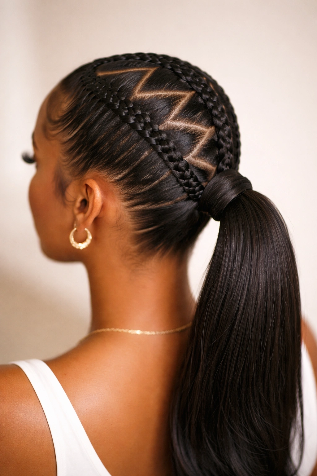Close-up of zigzag feed-in braid leading to a neat ponytail