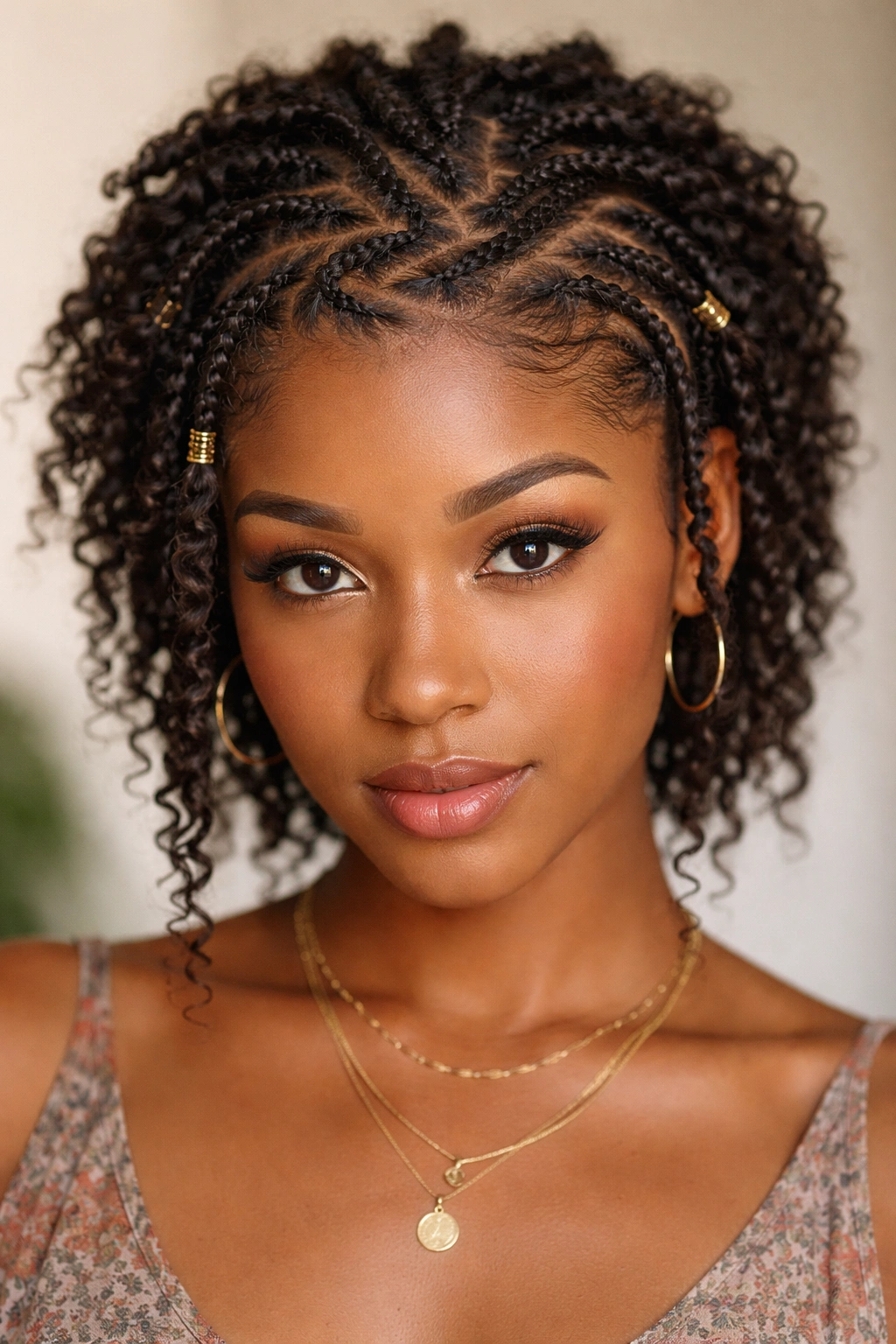 Close-up of short Afro hair with a zigzag part and boho braids