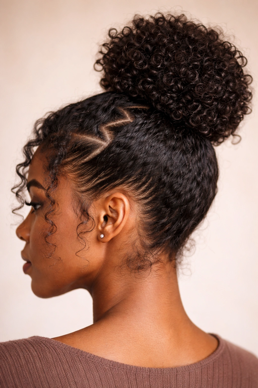 Zig-zag part bun showing defined texture and part lines