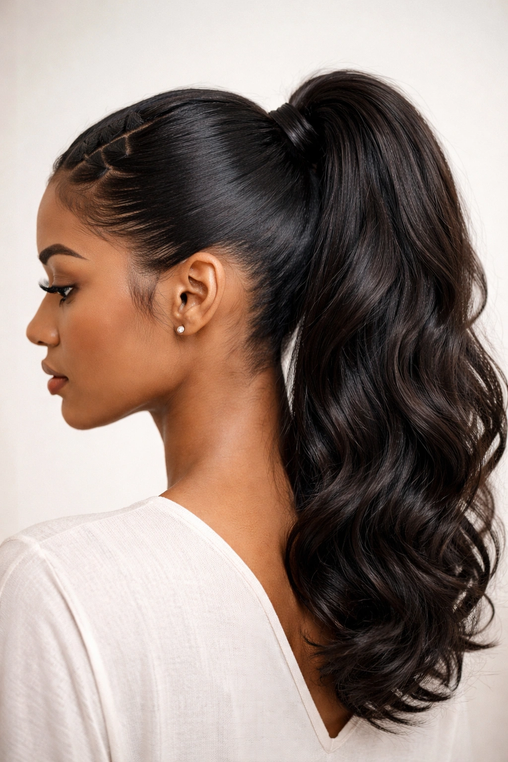 Close-up zig-zag hairline parting with mid-height ponytail