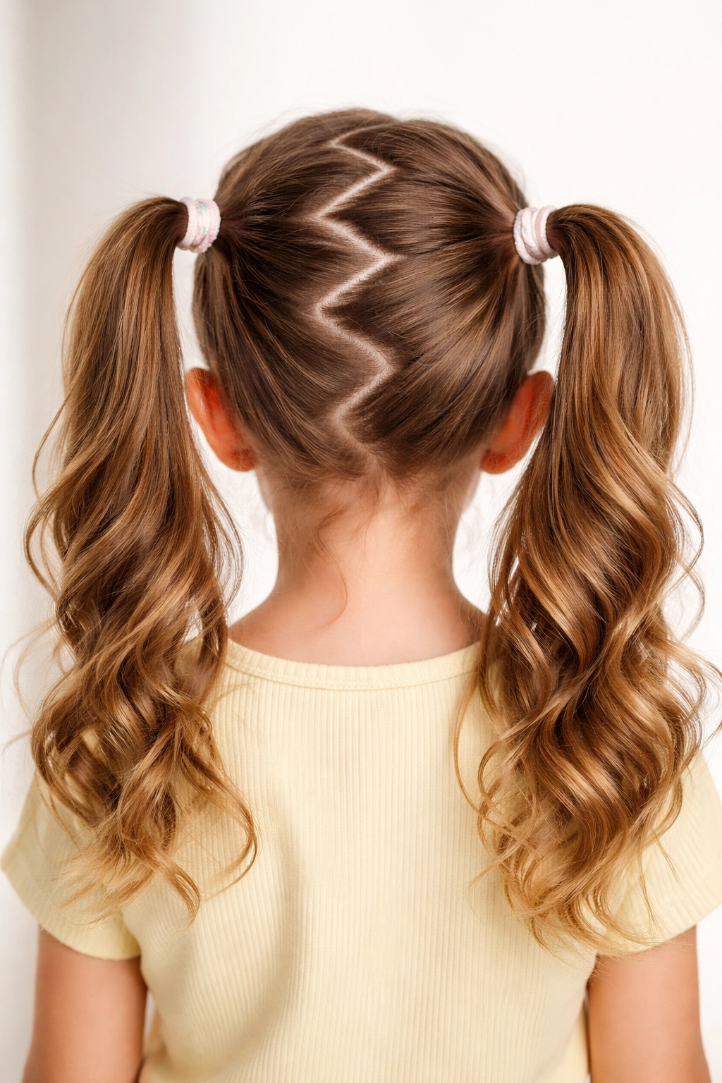 Zigzag part with two ponytails following the zigzag path