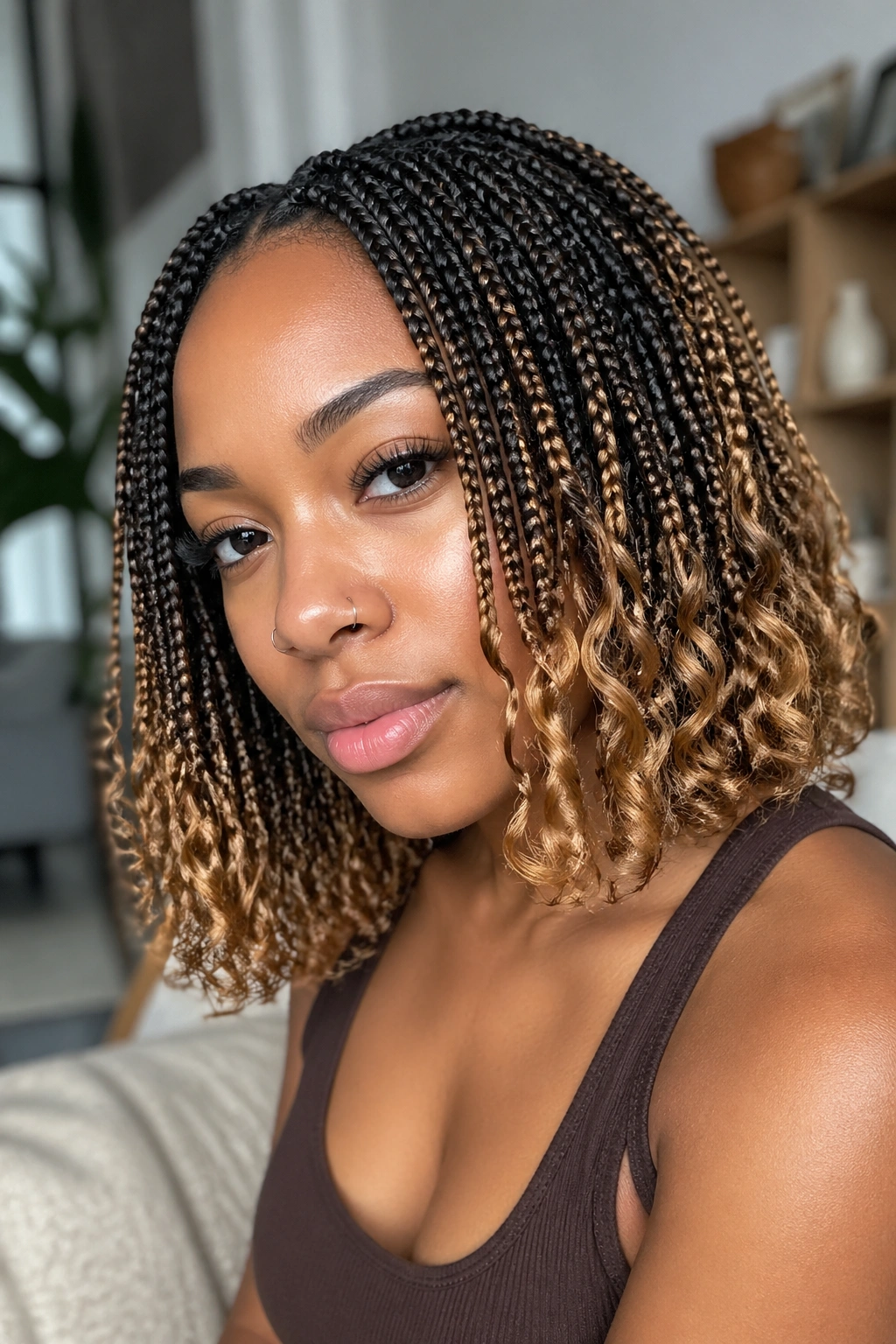 Close-up of a person showing dark roots and honey-blonde curls in a mixed color blend.