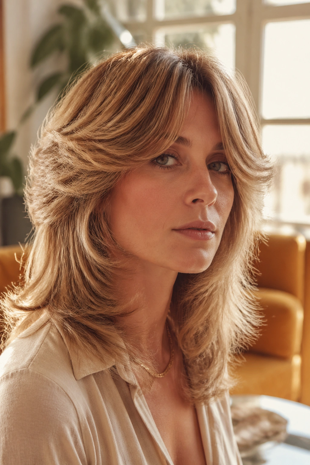 Close-up portrait of a real person showing a 70s feathered shag with face-framing layers