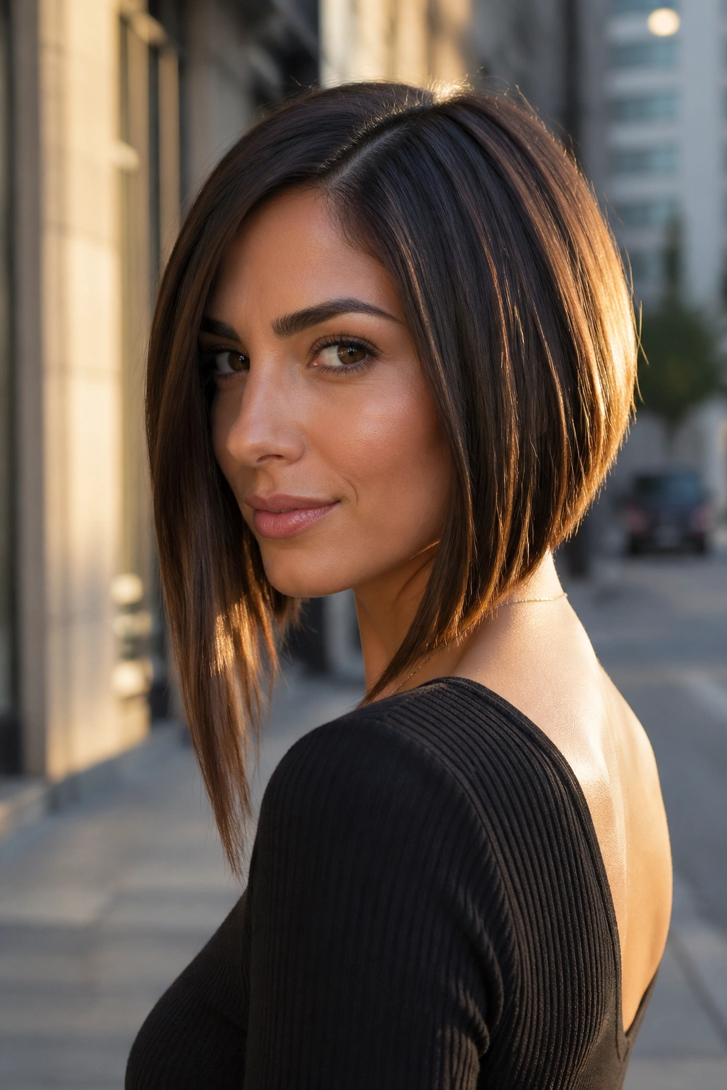 Real woman with an A-line bob and longer front pieces toward the collarbone