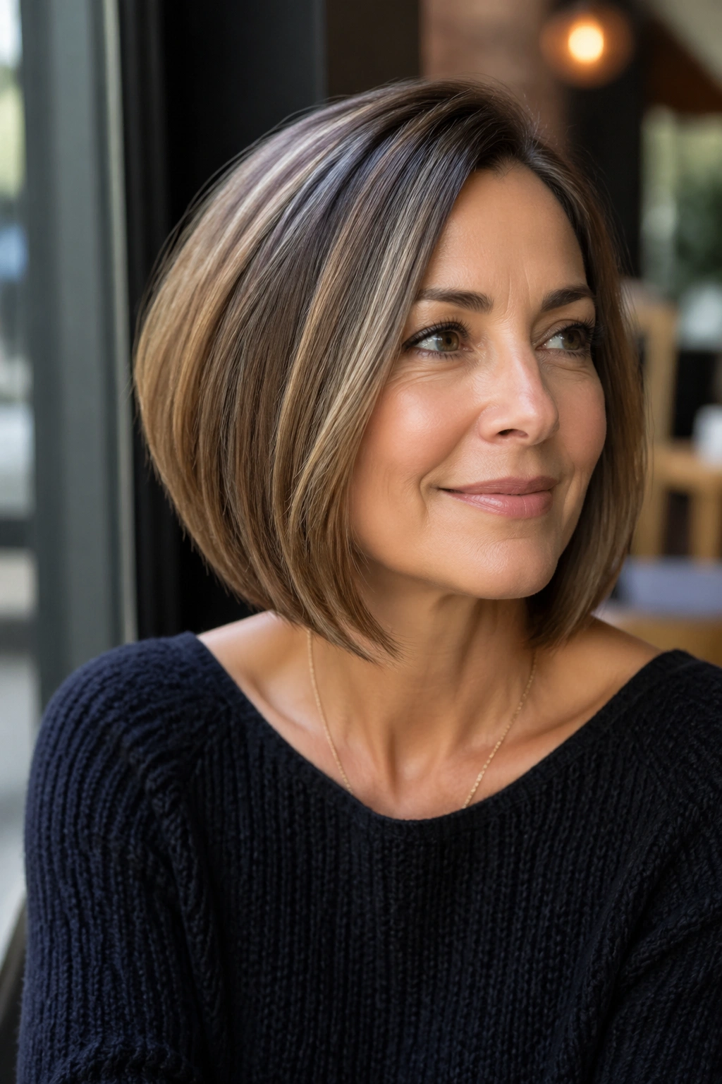 Portrait of a real woman with an A-line bob, shorter in back and longer in front.